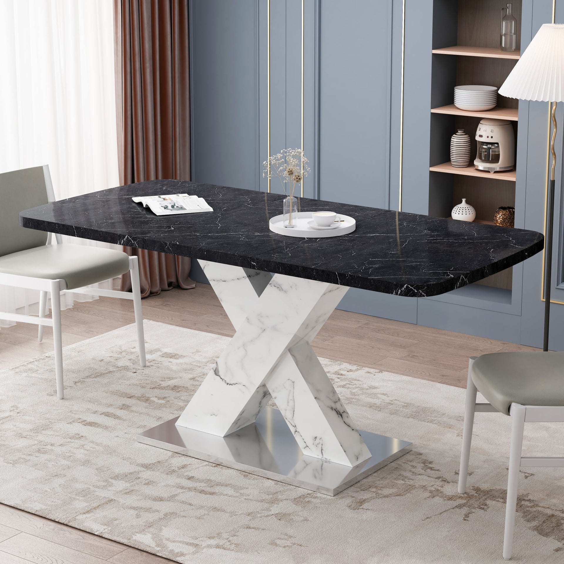 Modern Marble Effect Extendable Dining Table in Black