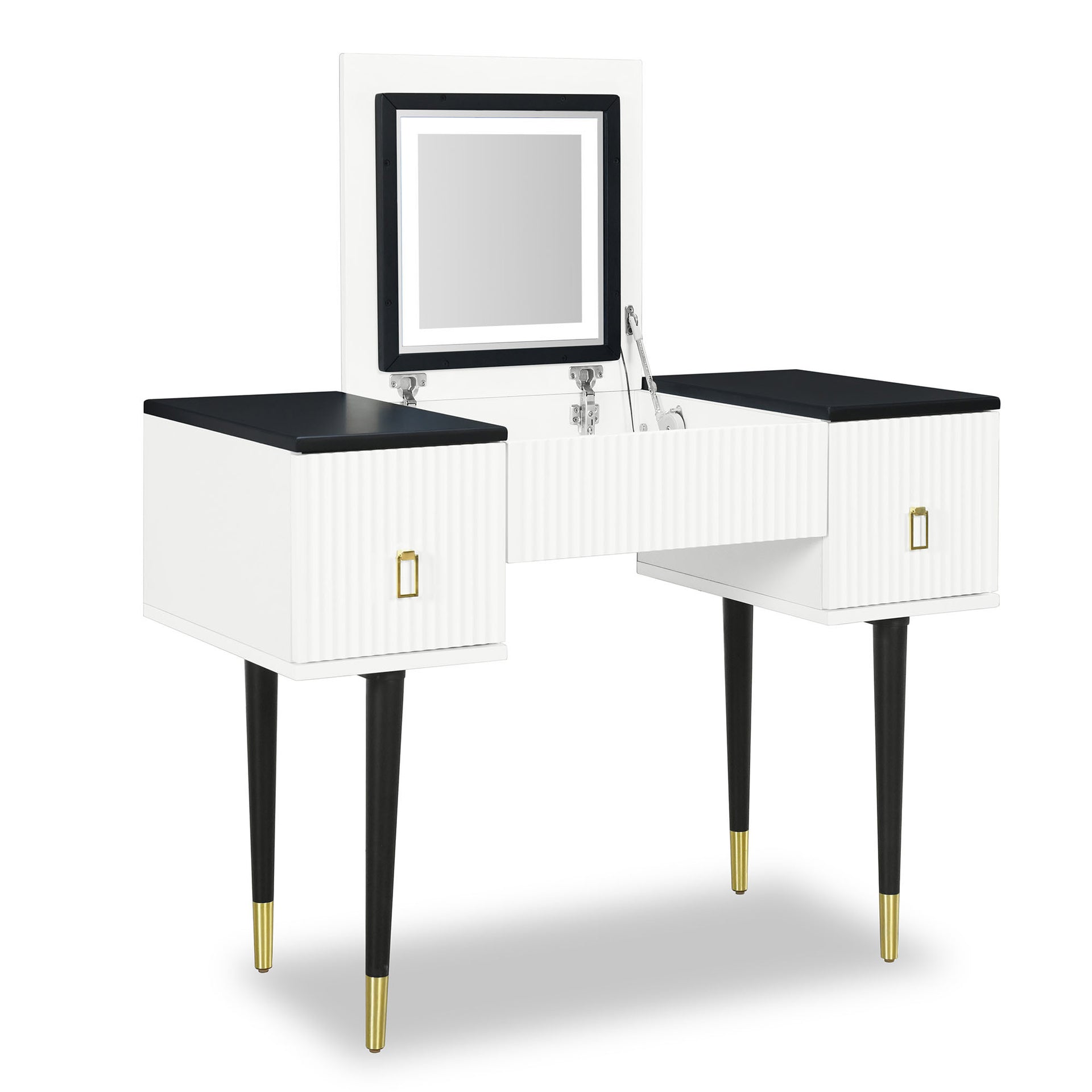 Modern Vanity Dressing Table with Flip-top Mirror and LED Light, White and Black