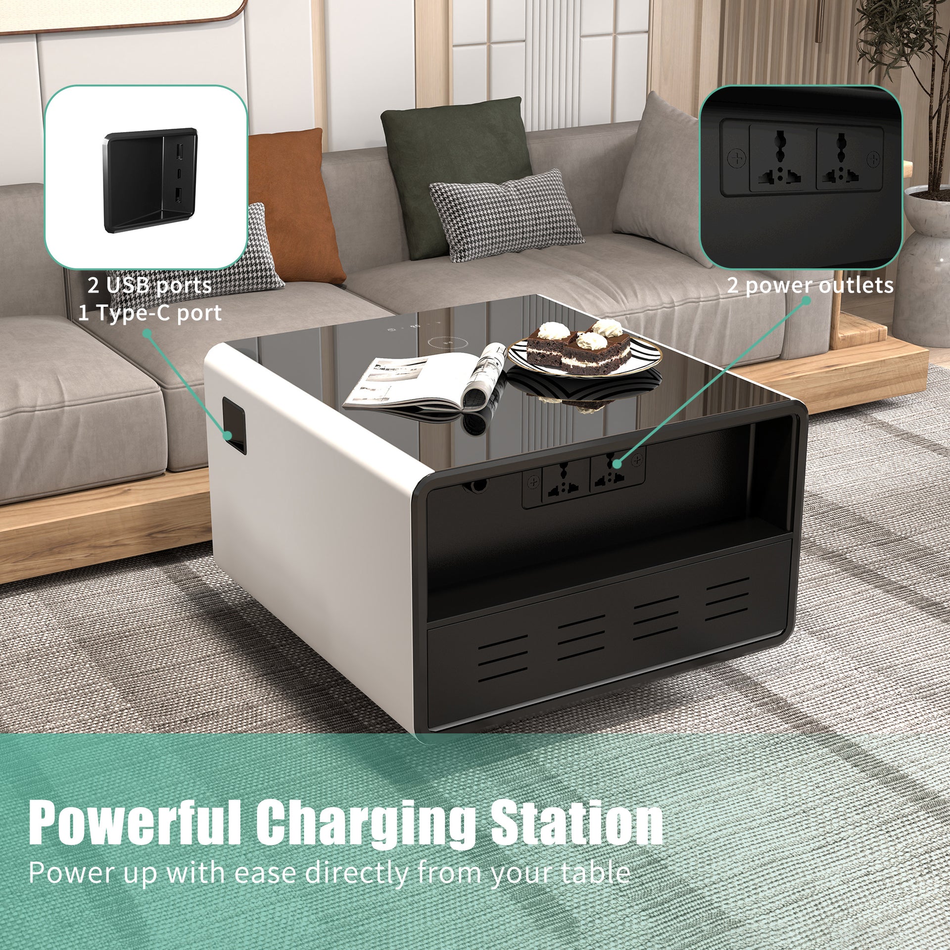 Modern Smart Side Table with Built-in Fridge and Wireless Charging, White