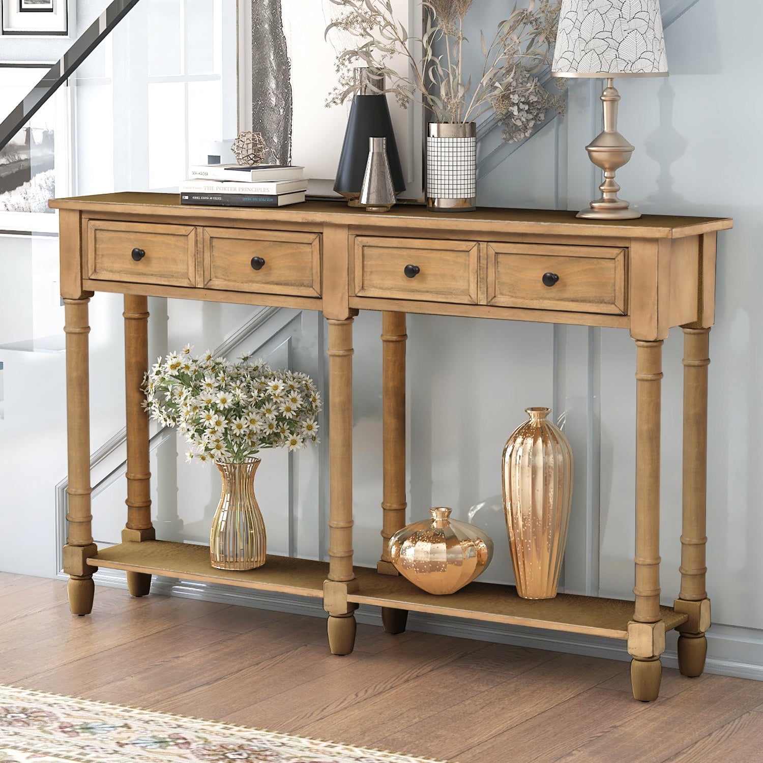 Wooden Console Table with Two Storage Drawers and Bottom Shelf