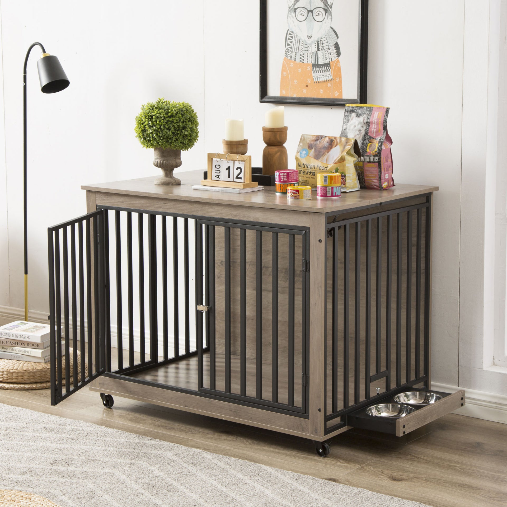 Dog Crate Side Table With Feeding Bowl, Three Doors and Flip-Up Top Opening