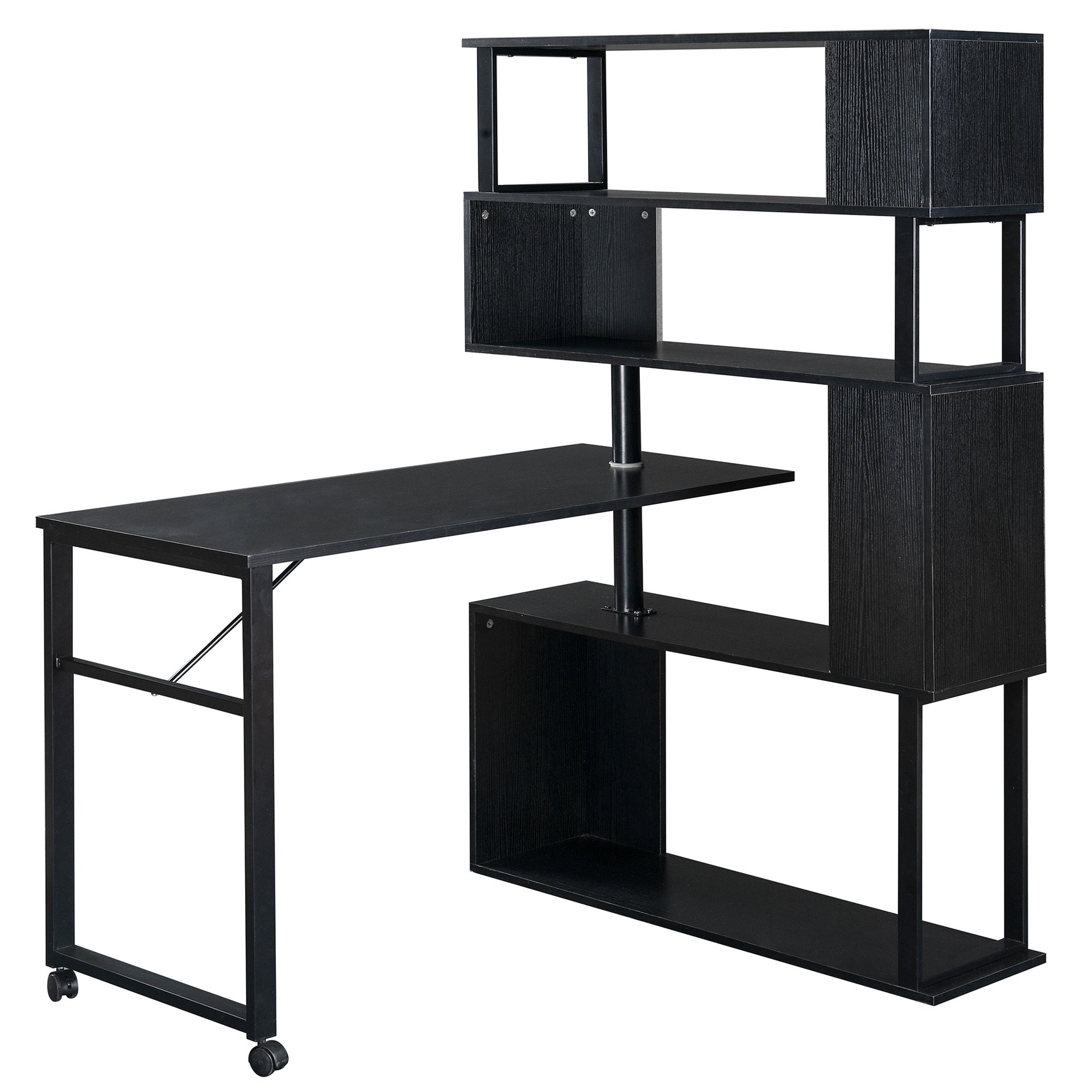 Home Office Rotating Computer Desk with 5-Tier Bookshelf