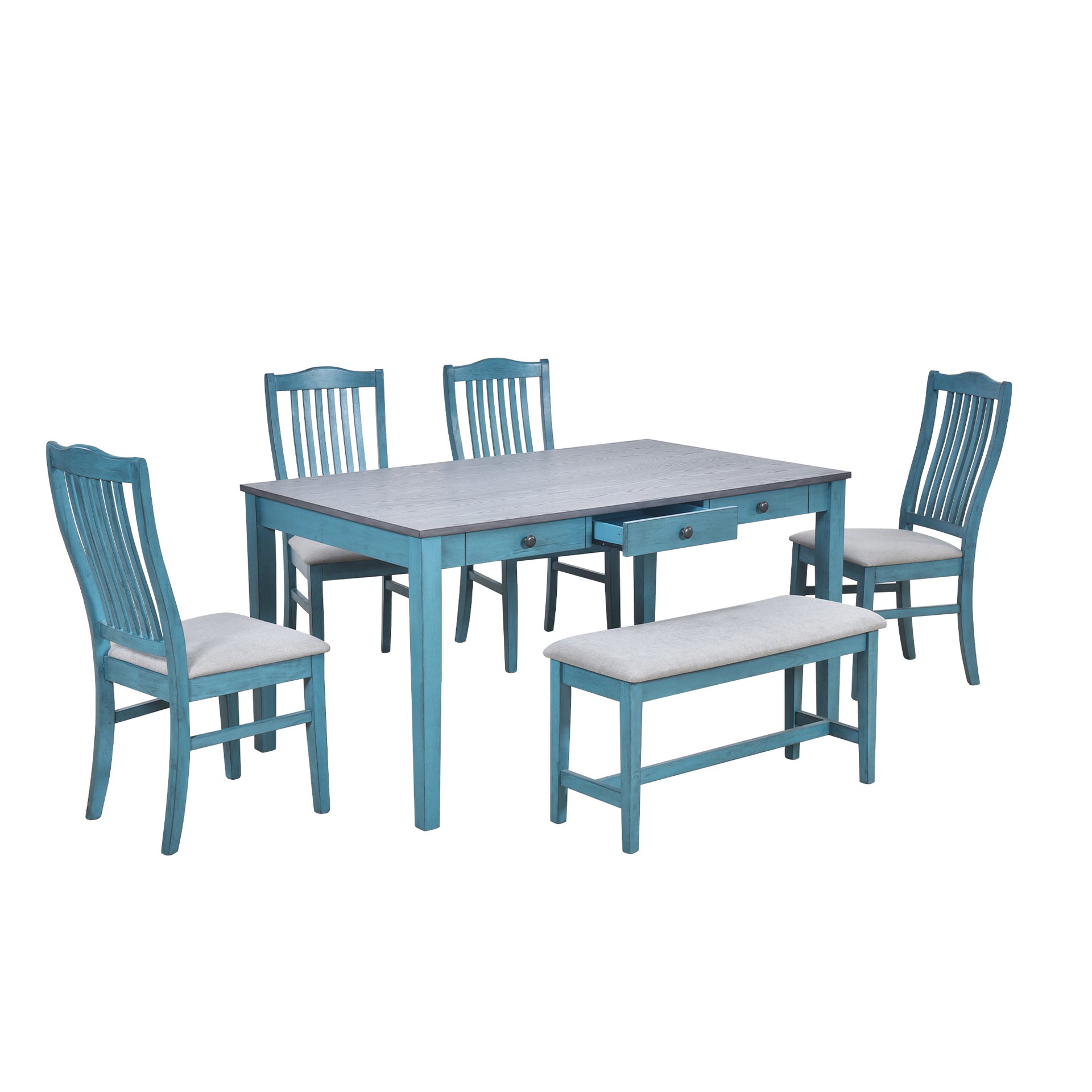 6-Piece Wooden Dining Table Set, Antique Blue