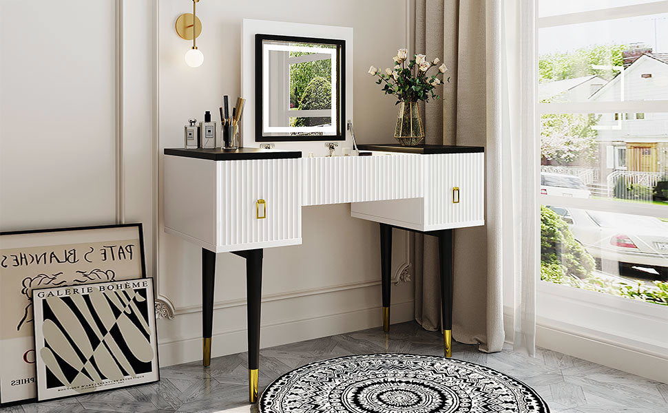 Modern Vanity Dressing Table with Flip-top Mirror and LED Light, White and Black