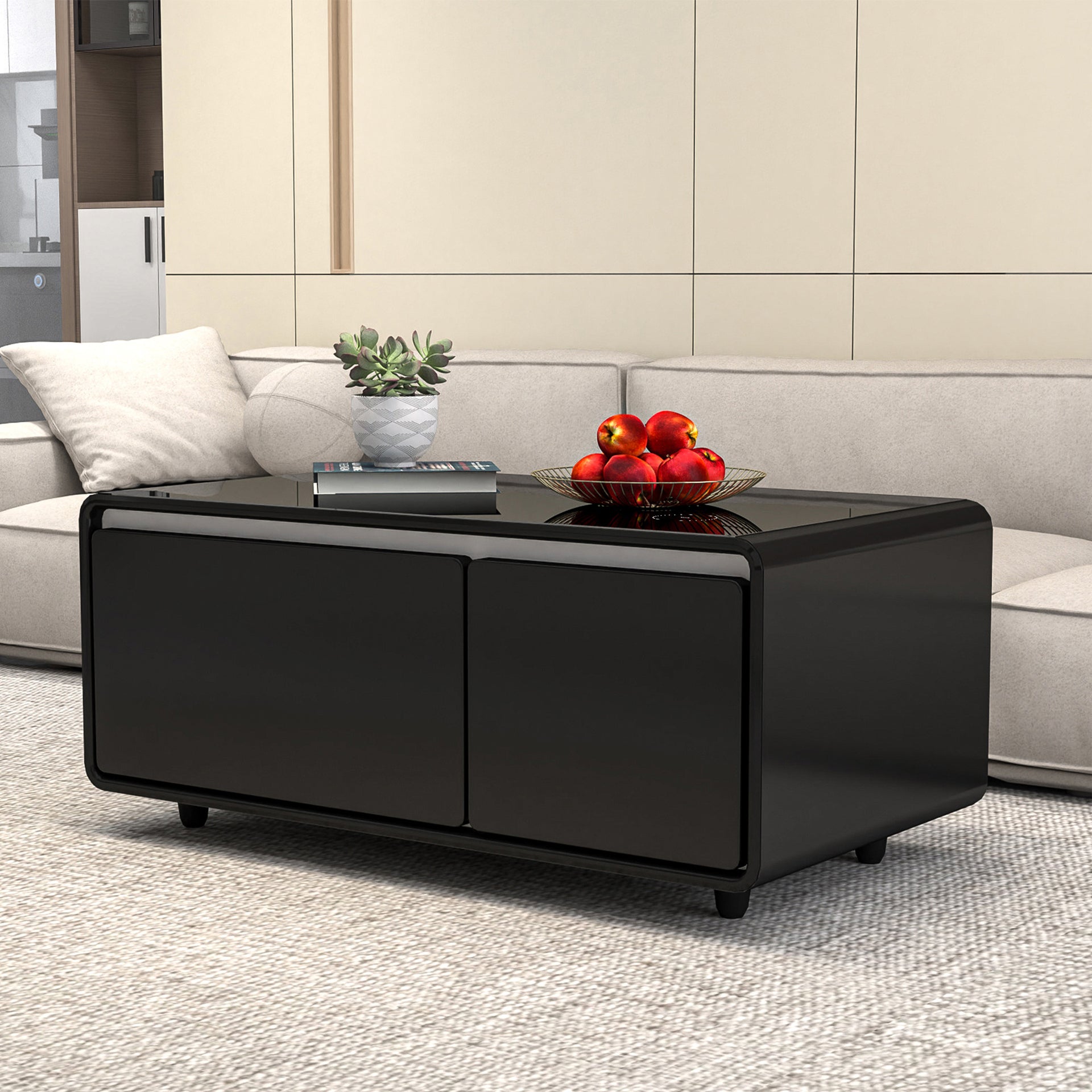 Modern Smart Coffee Table with Built-in Fridge and Wireless Charging, Black