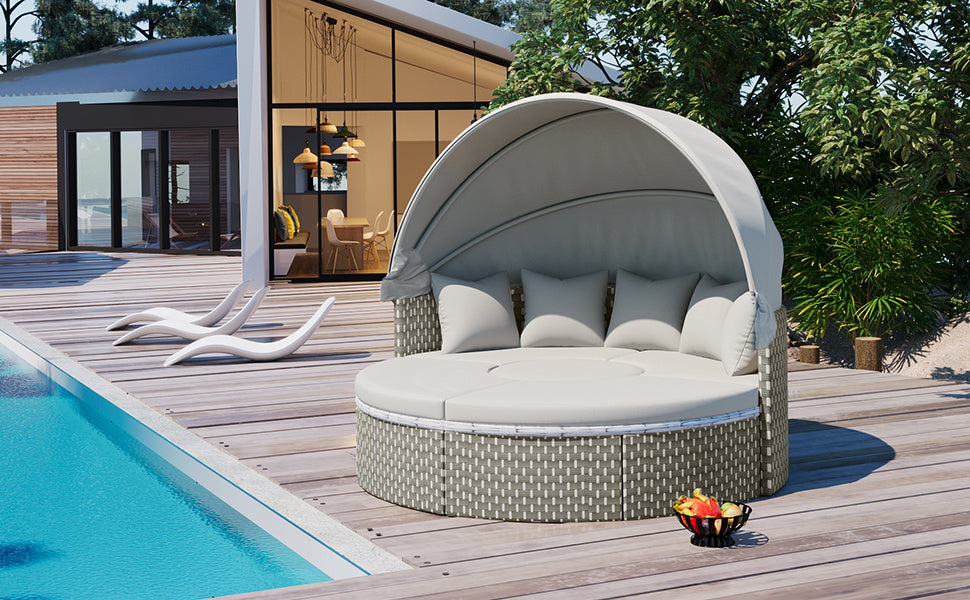 Round Sectional Rattan Daybed with Table and Canopy