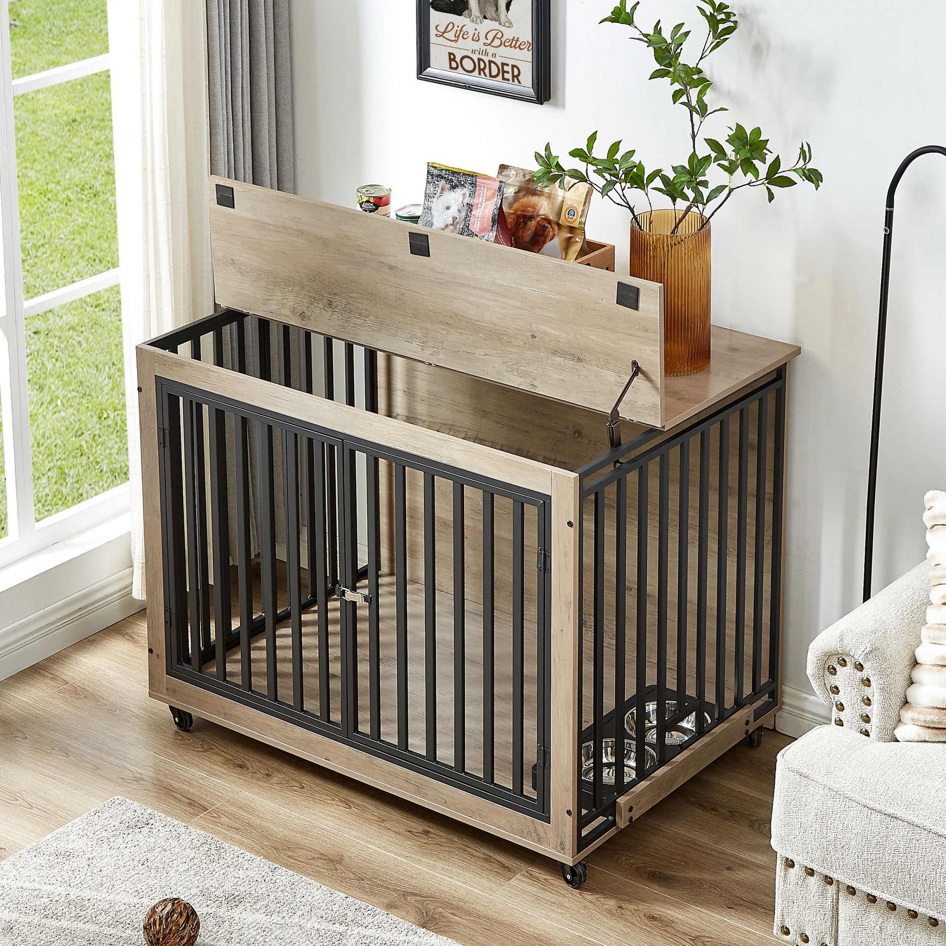 Dog Crate Side Table With Feeding Bowl, Three Doors and Flip-Up Top Opening