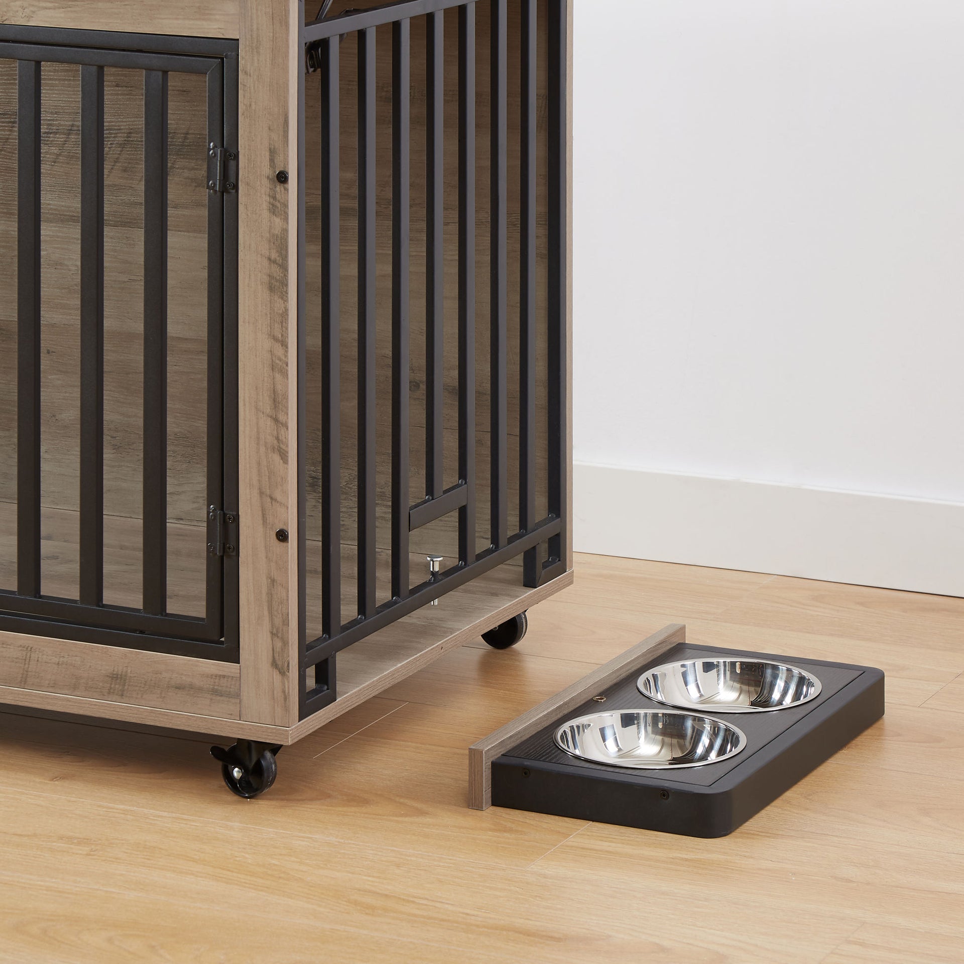 Dog Crate Side Table With Feeding Bowl, Three Doors and Flip-Up Top Opening