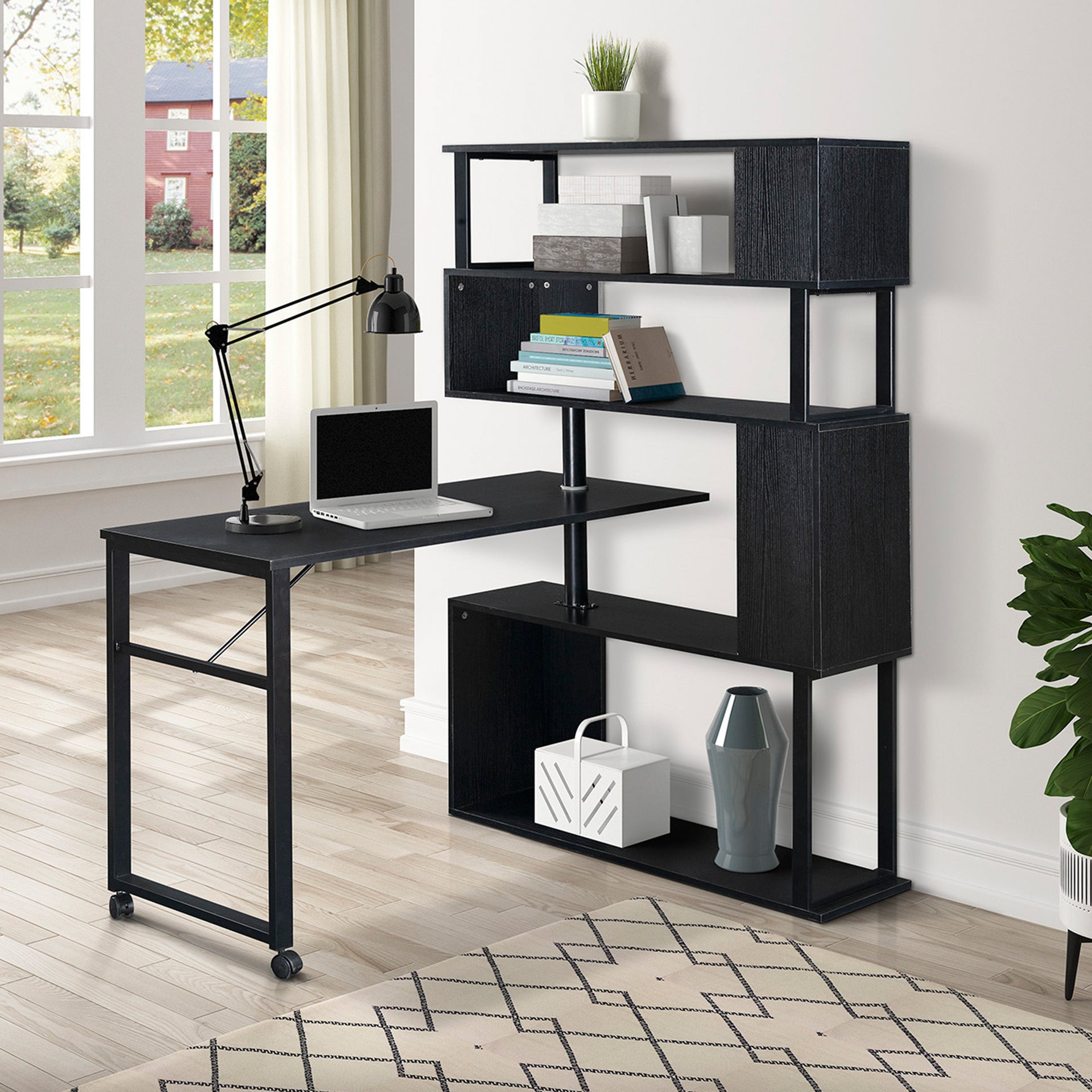 Home Office Rotating Computer Desk with 5-Tier Bookshelf