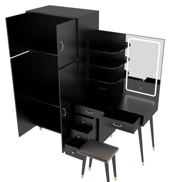 3in1 Makeup Dressing Table, Drawers and Wardrobe Set with LED Mirror, Black