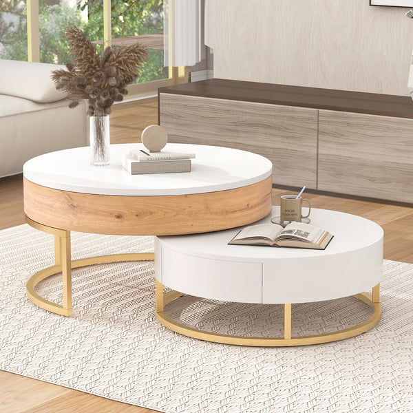 Modern Round Lift-top Nesting Coffee Tables with 2 Drawers, White & Natural