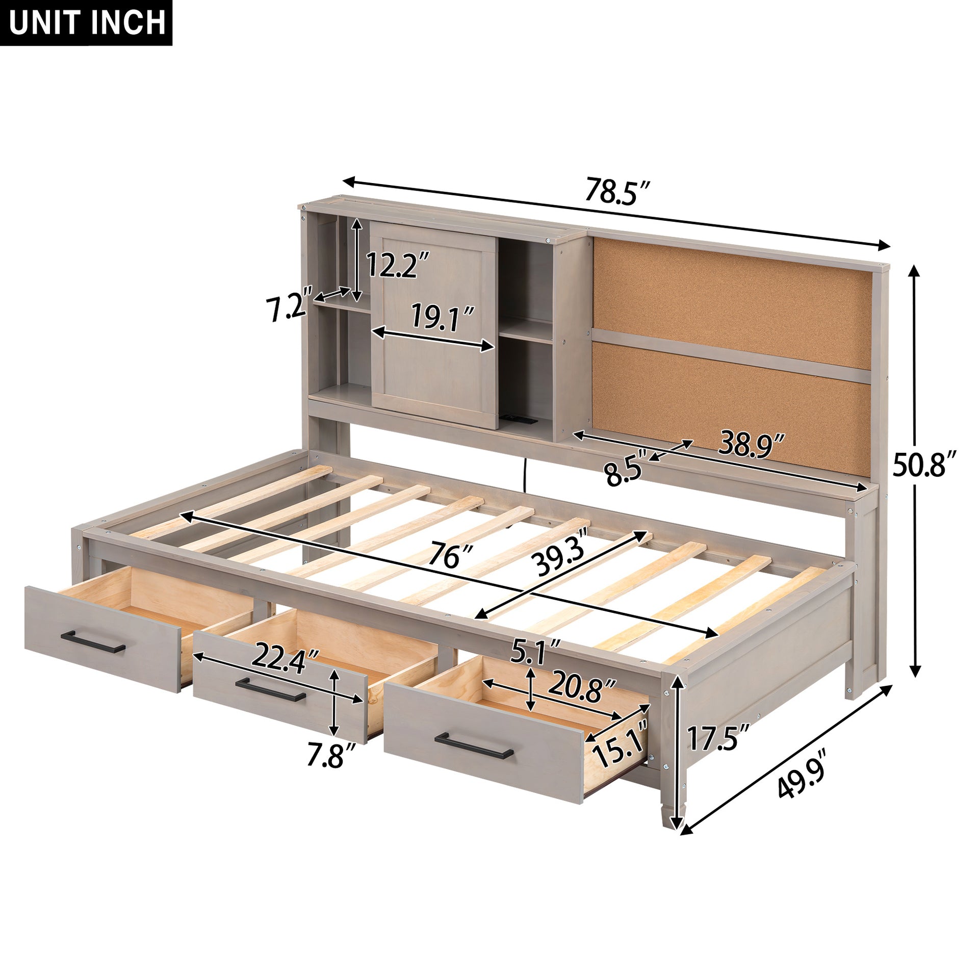 Twin Size Bed with Storage Shelves, Cork Board, USB Ports and 3 Drawers, Antique Gray