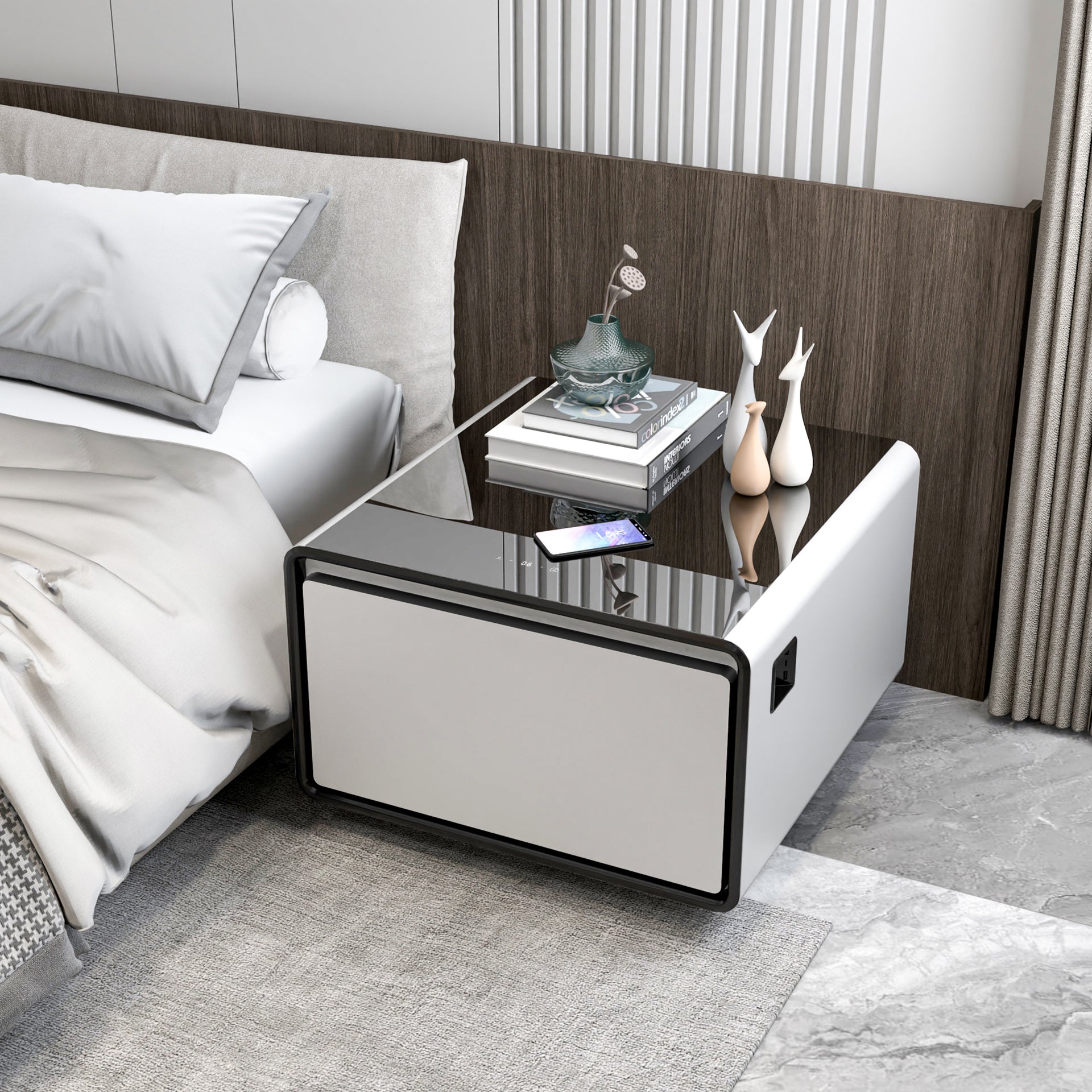 Modern Smart Side Table with Built-in Fridge and Wireless Charging, White