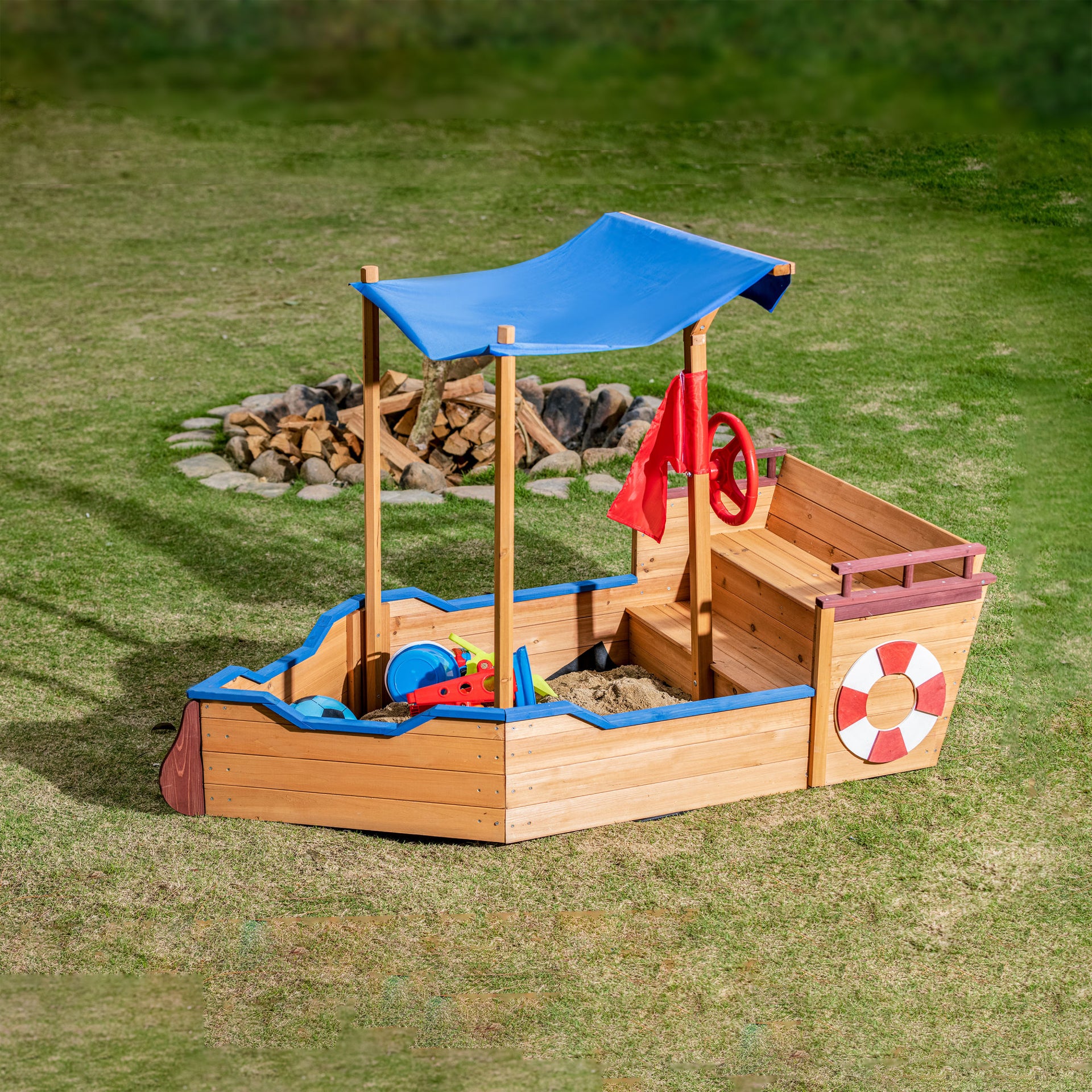 Pirate Ship Sandbox with Cover and Bench