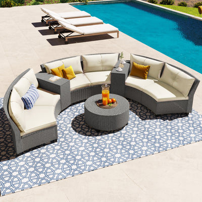 Fan-shaped Rattan Garden Suit with Cushions and Table