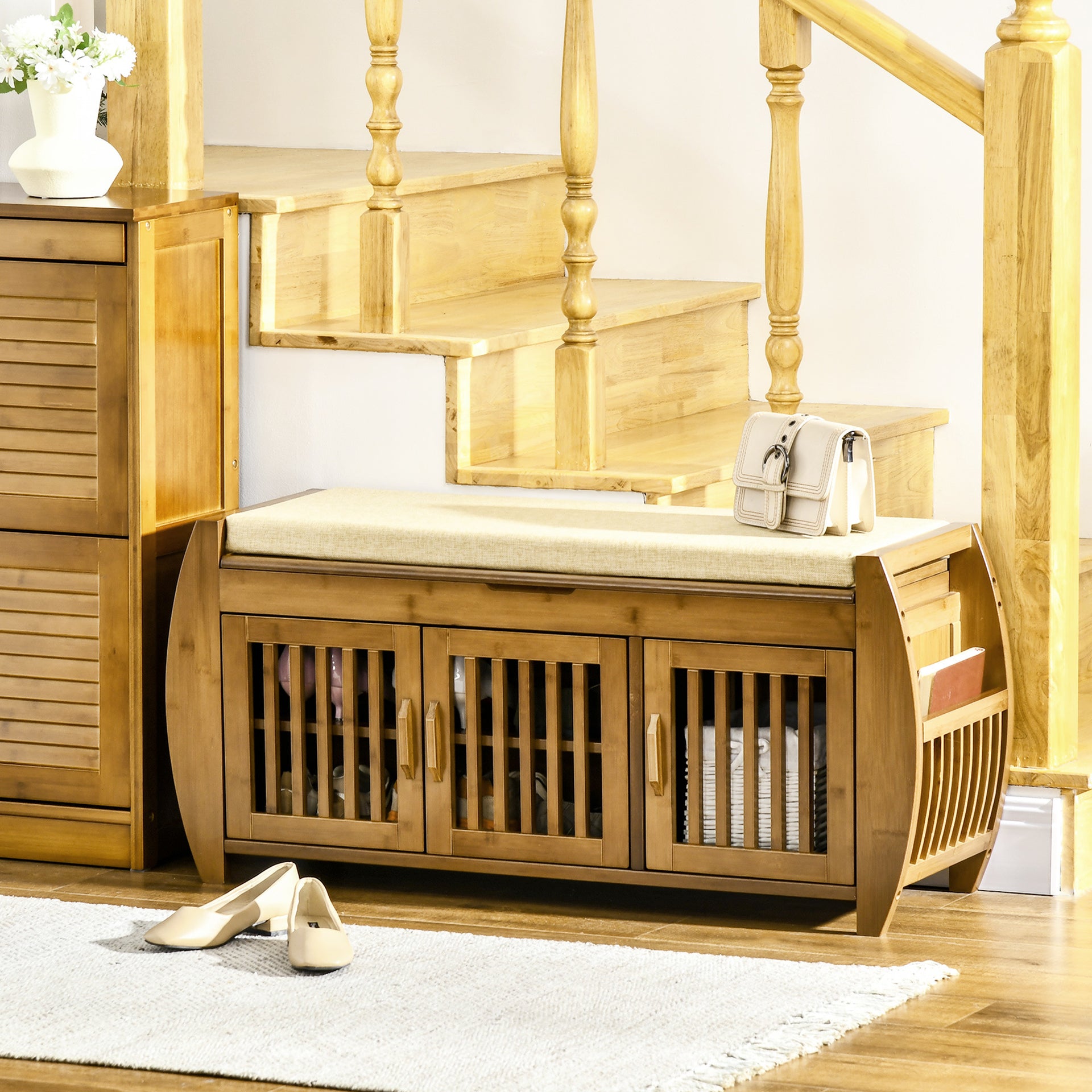 Bamboo Shoe Bench with Storage Cabinets