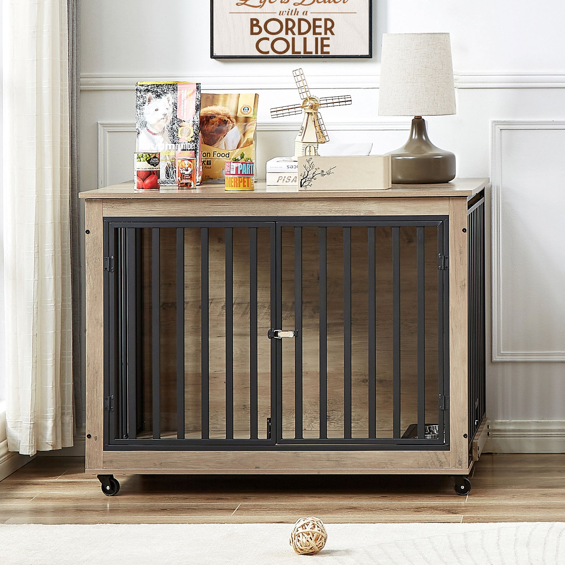 Dog Crate Side Table With Feeding Bowl, Three Doors and Flip-Up Top Opening