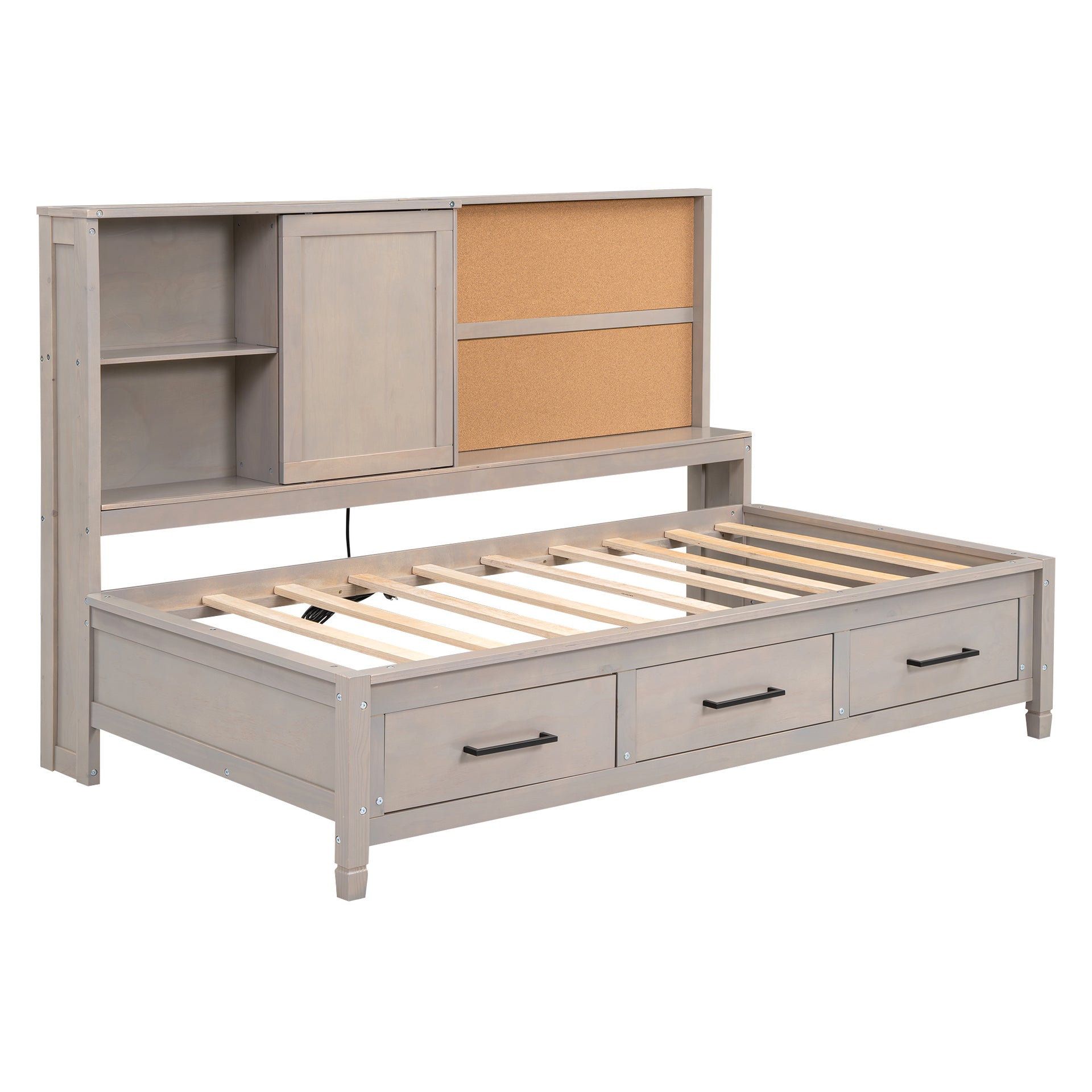 Twin Size Bed with Storage Shelves, Cork Board, USB Ports and 3 Drawers, Antique Gray