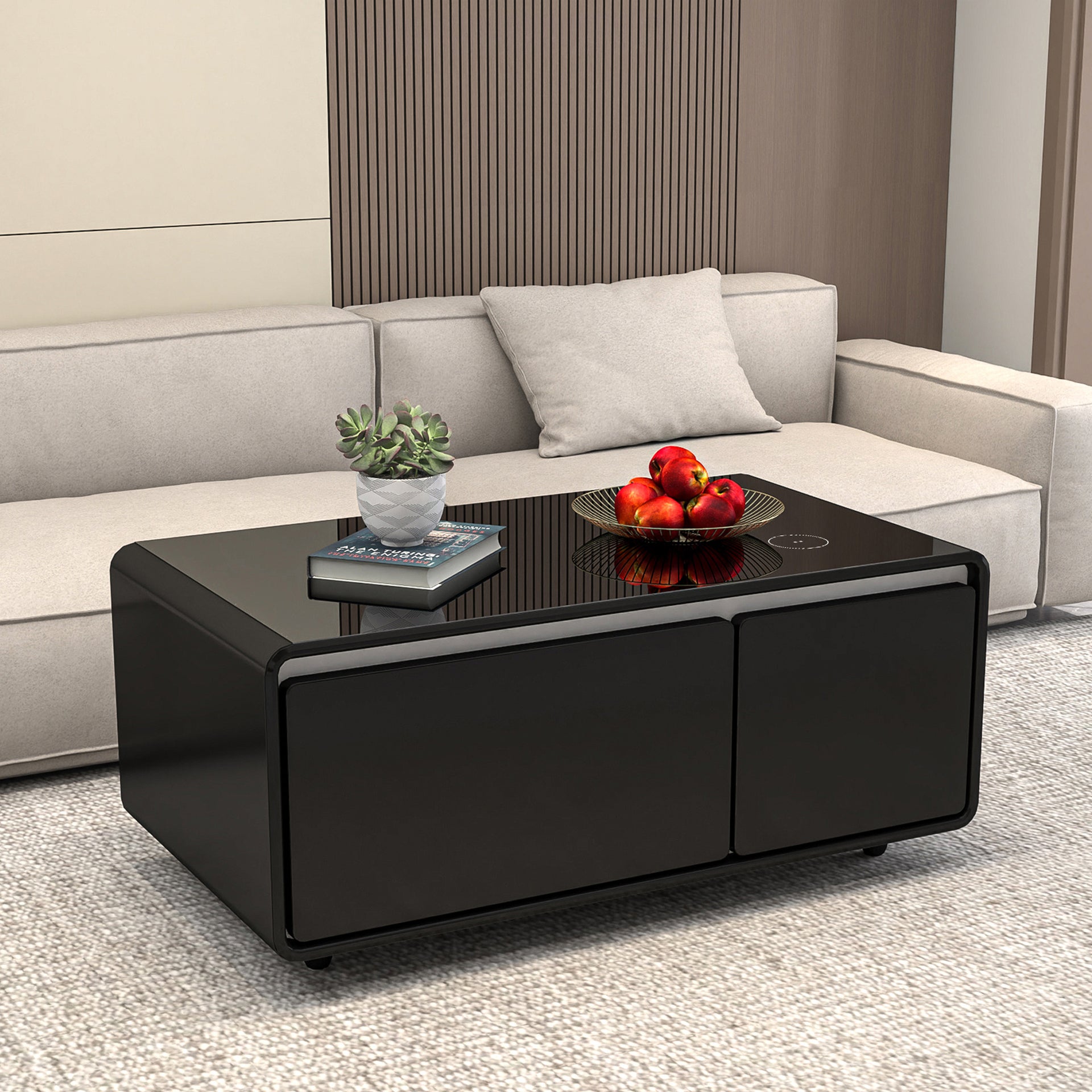 Modern Smart Coffee Table with Built-in Fridge and Wireless Charging, Black