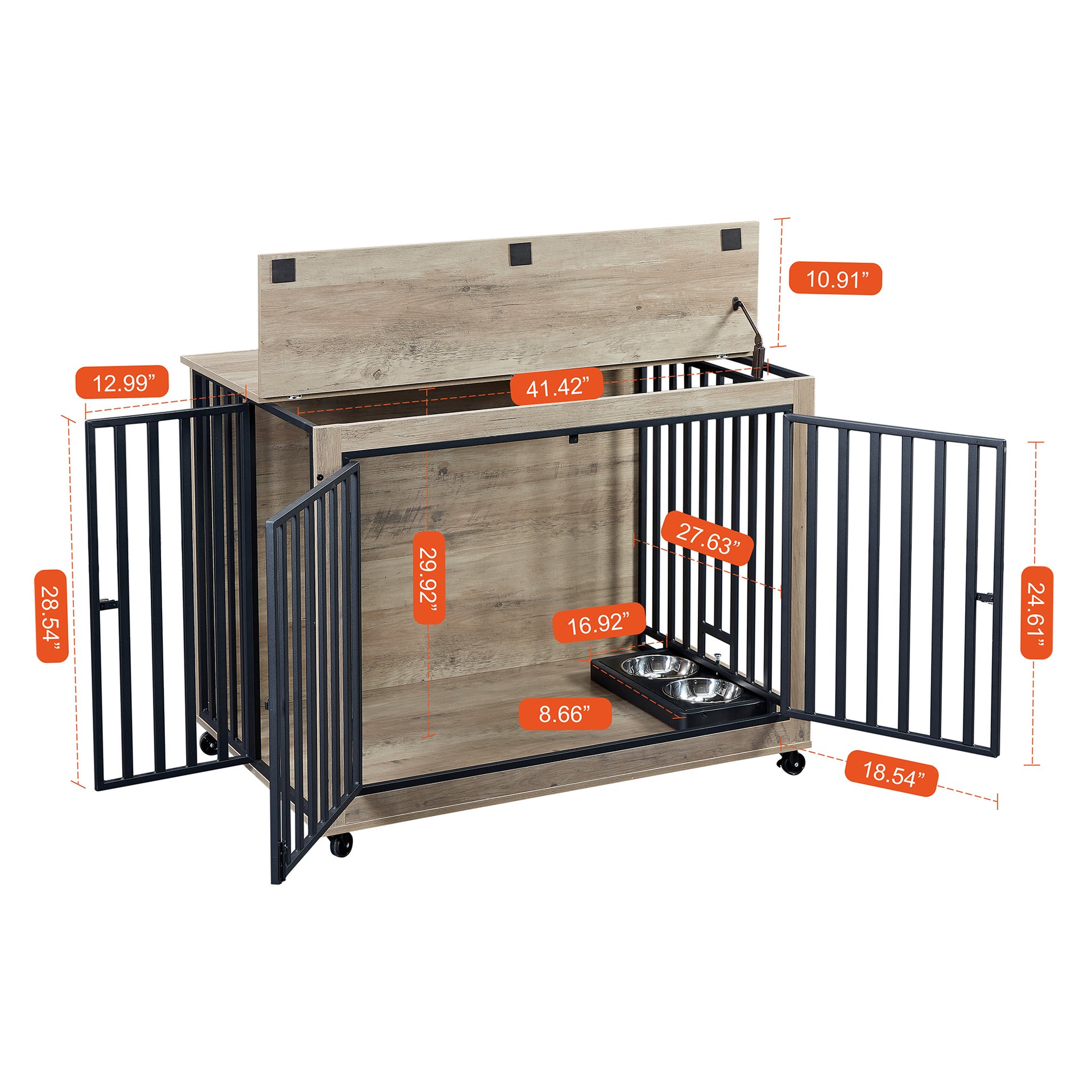 Dog Crate Side Table With Feeding Bowl, Three Doors and Flip-Up Top Opening