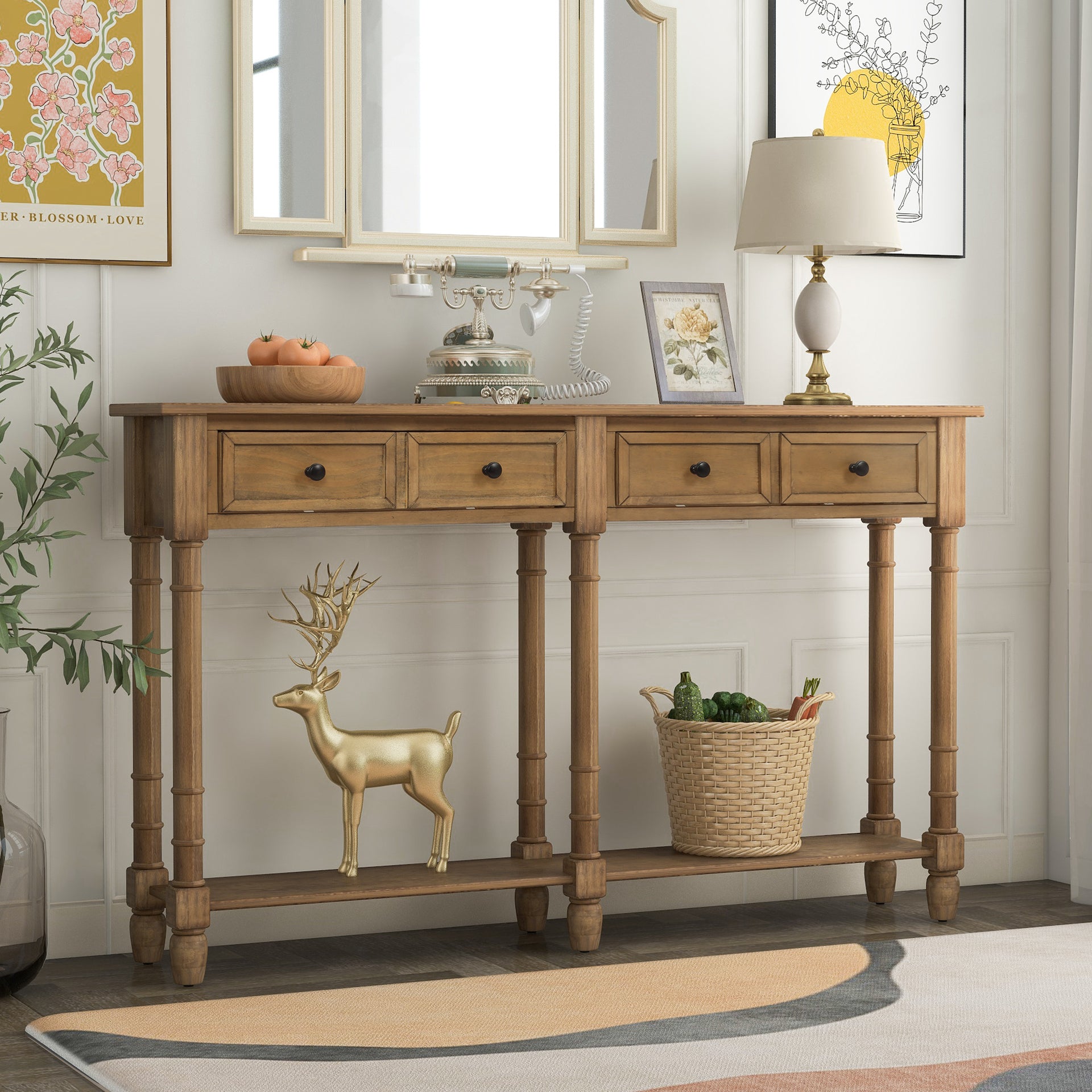 Wooden Console Table with Two Storage Drawers and Bottom Shelf