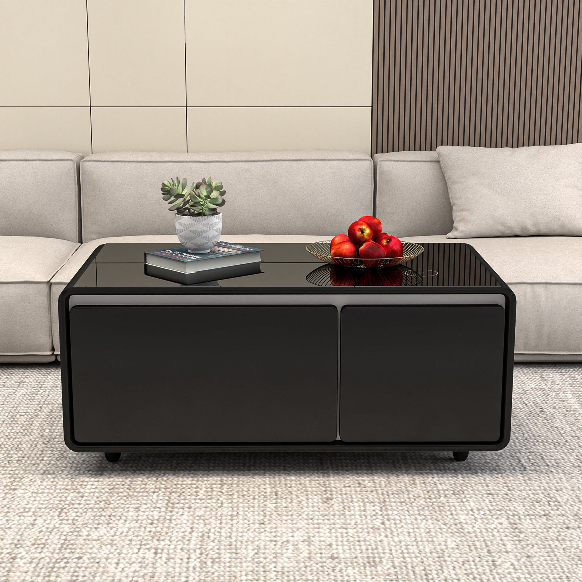 Modern Smart Coffee Table with Built-in Fridge and Wireless Charging, Black