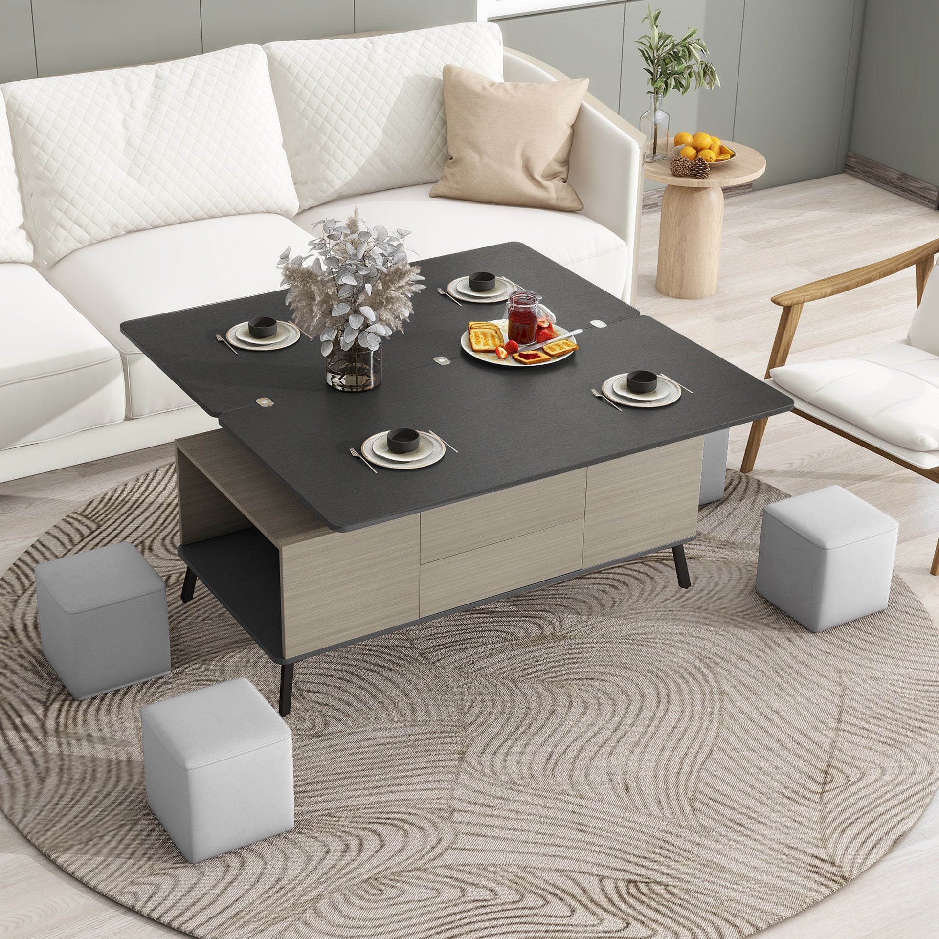 Convertible Lift Top Dining Coffee Table with Storage and Ottoman Seats