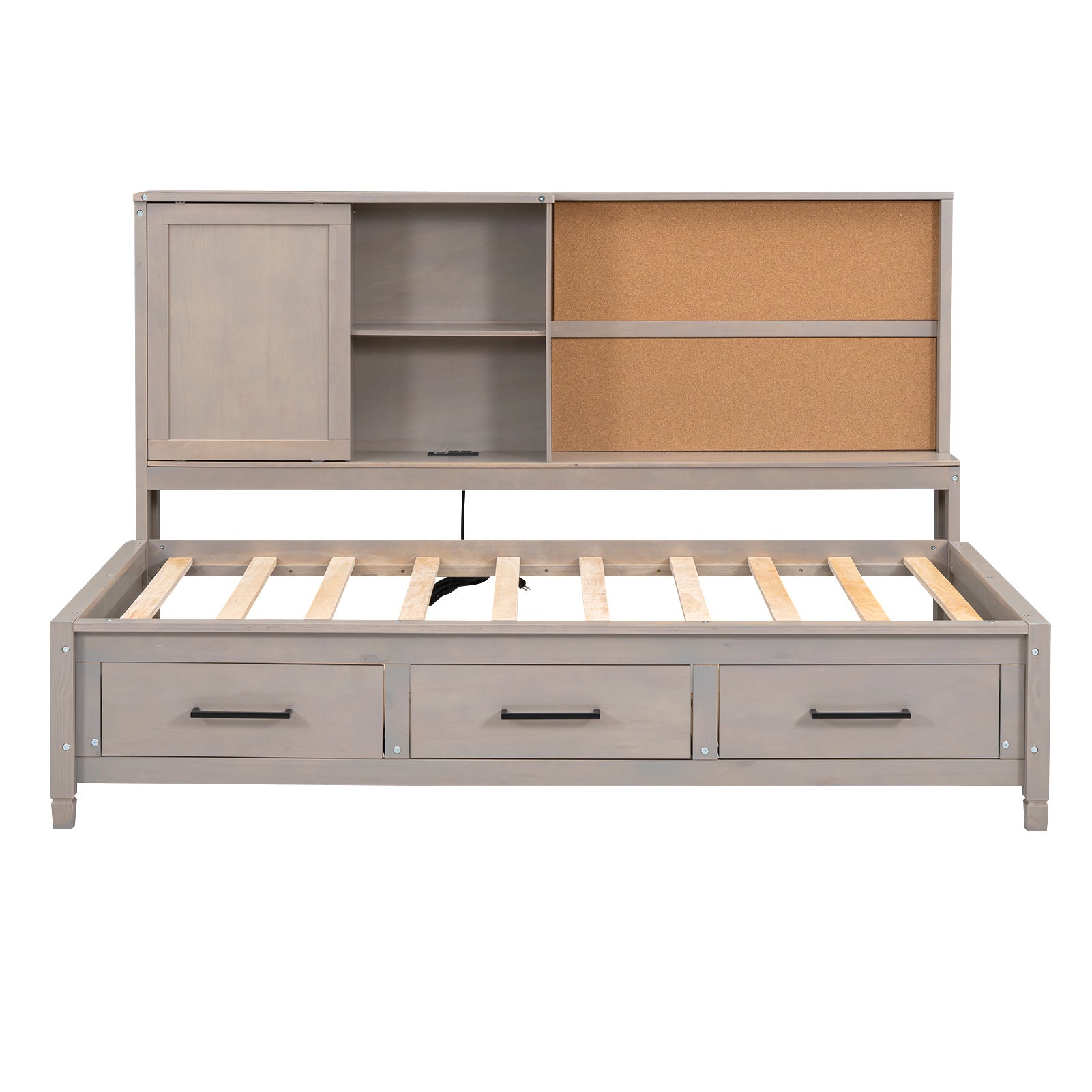 Twin Size Bed with Storage Shelves, Cork Board, USB Ports and 3 Drawers, Antique Gray