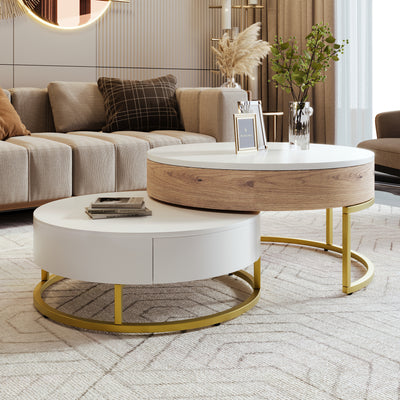 Modern Round Lift-top Nesting Coffee Tables with 2 Drawers, White & Natural