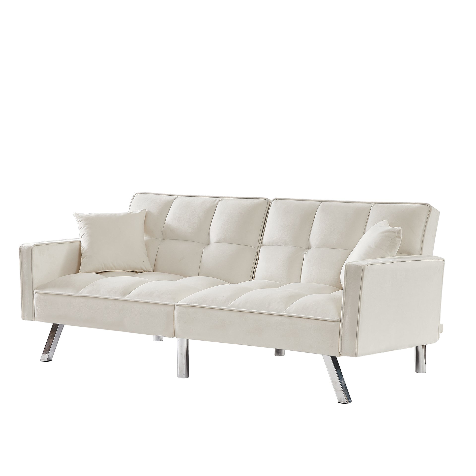 Cream White Velvet Sofa Couch Bed with Two Pillows