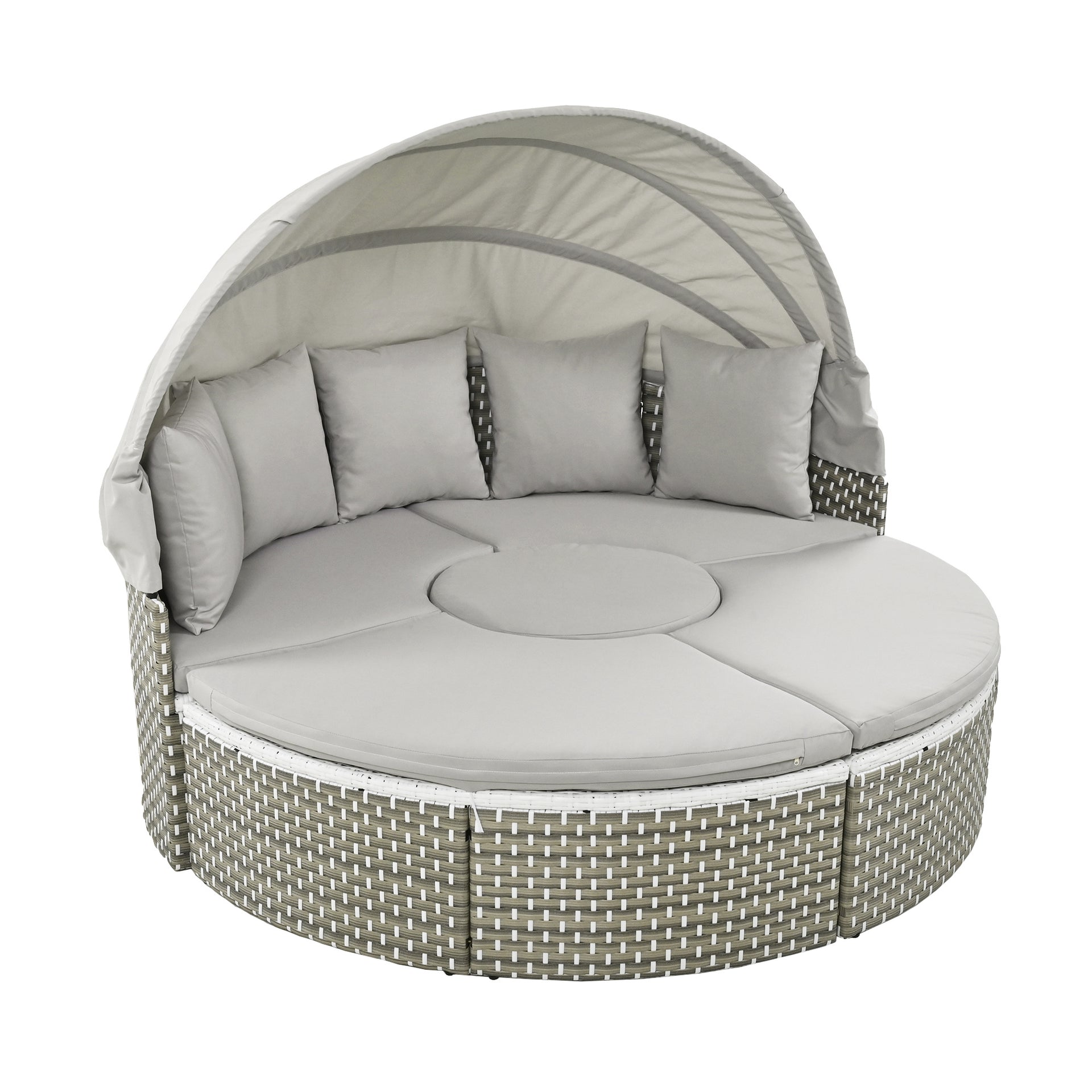 Round Sectional Rattan Daybed with Table and Canopy