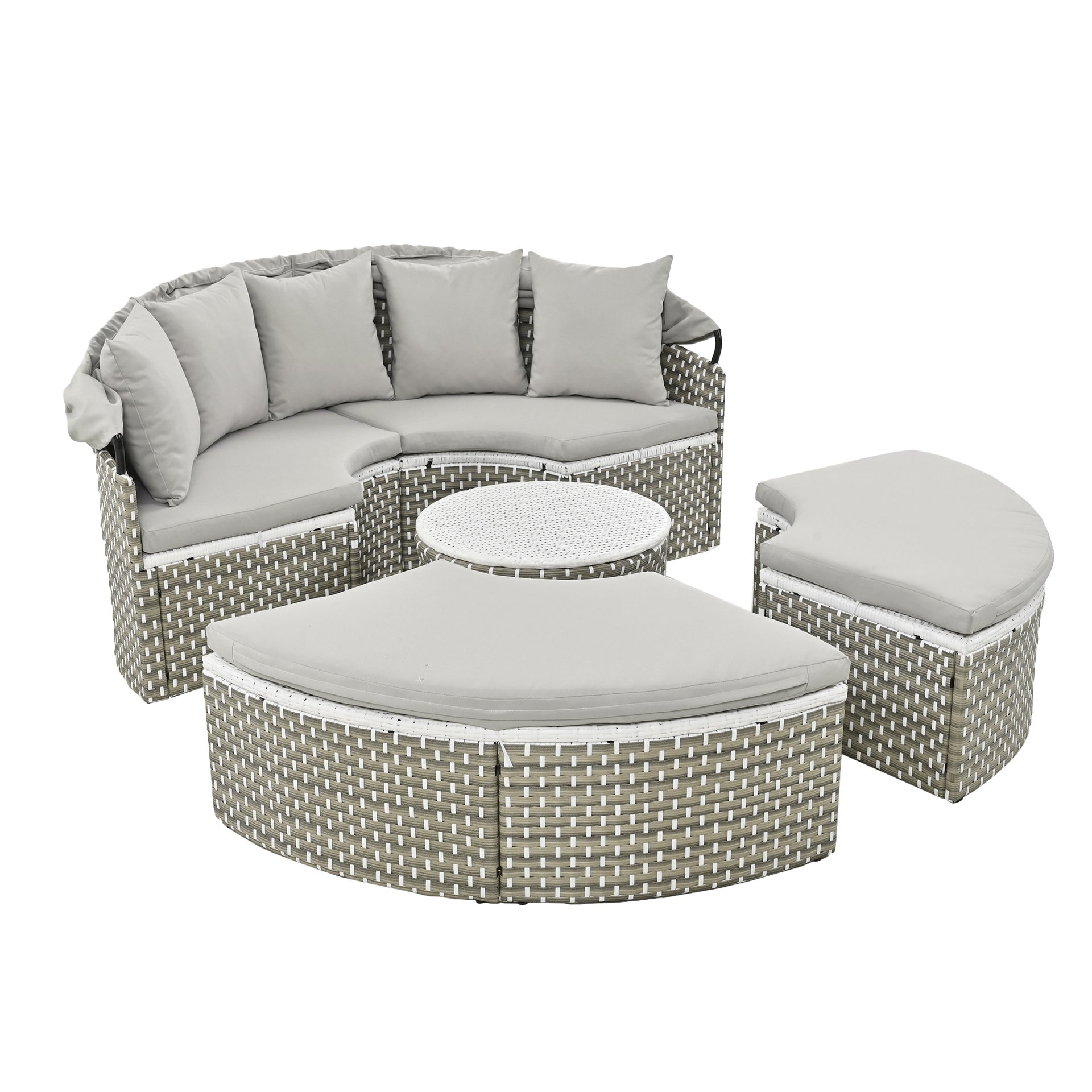 Round Sectional Rattan Daybed with Table and Canopy