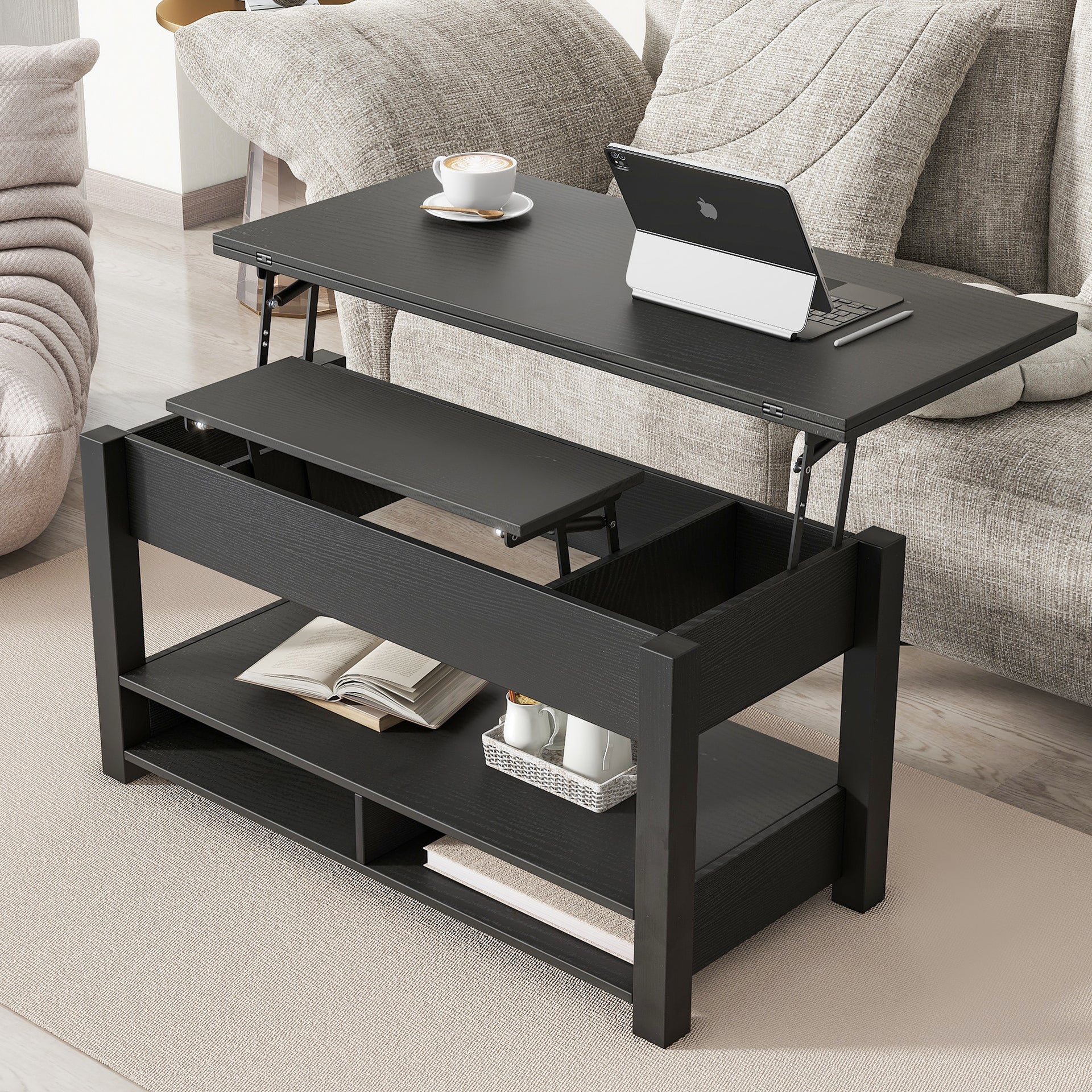 Modern Multi-Functional Lift Top Coffee Dining Table, Black