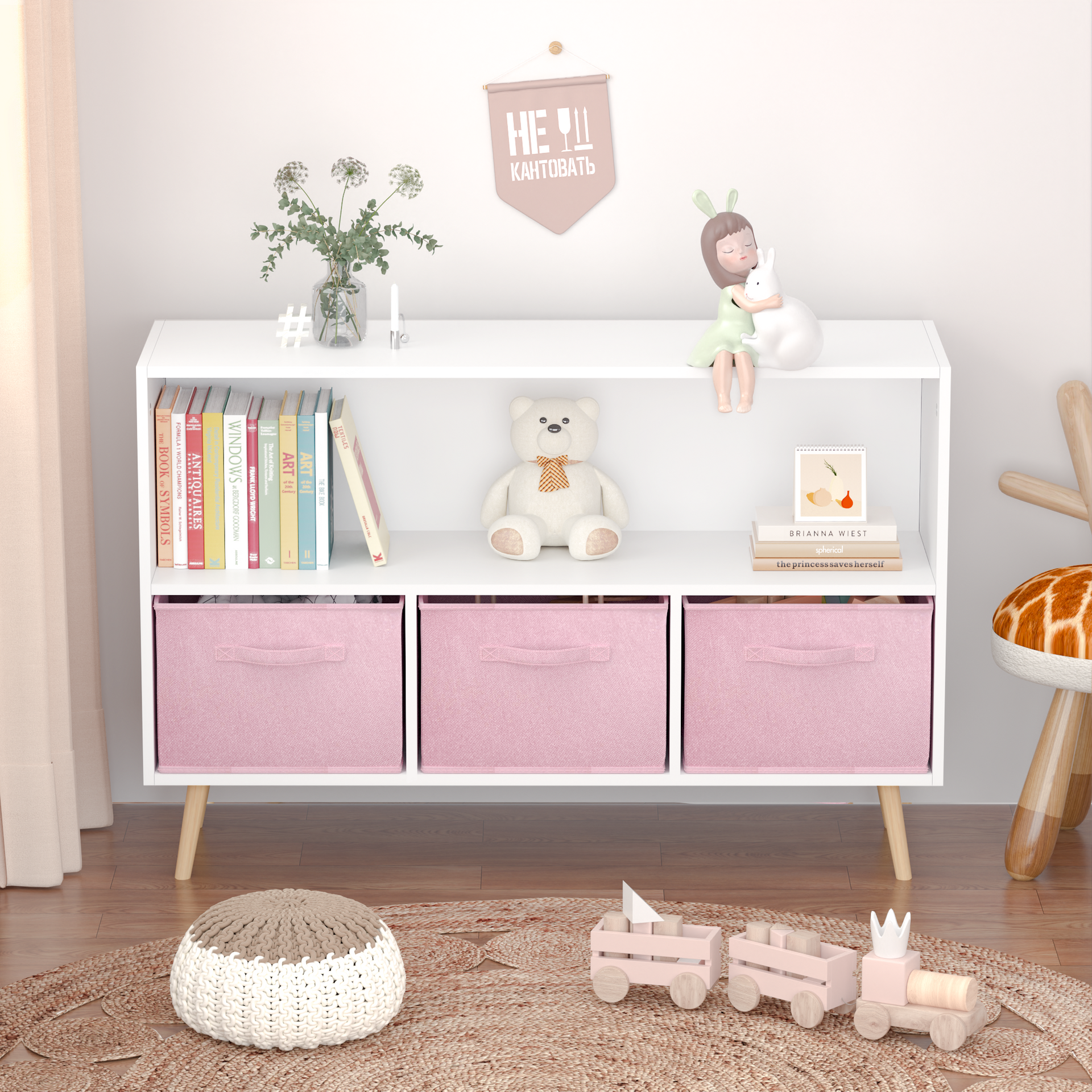 Kids Bookcase Toy Storage with Fabric Drawers, White/Pink