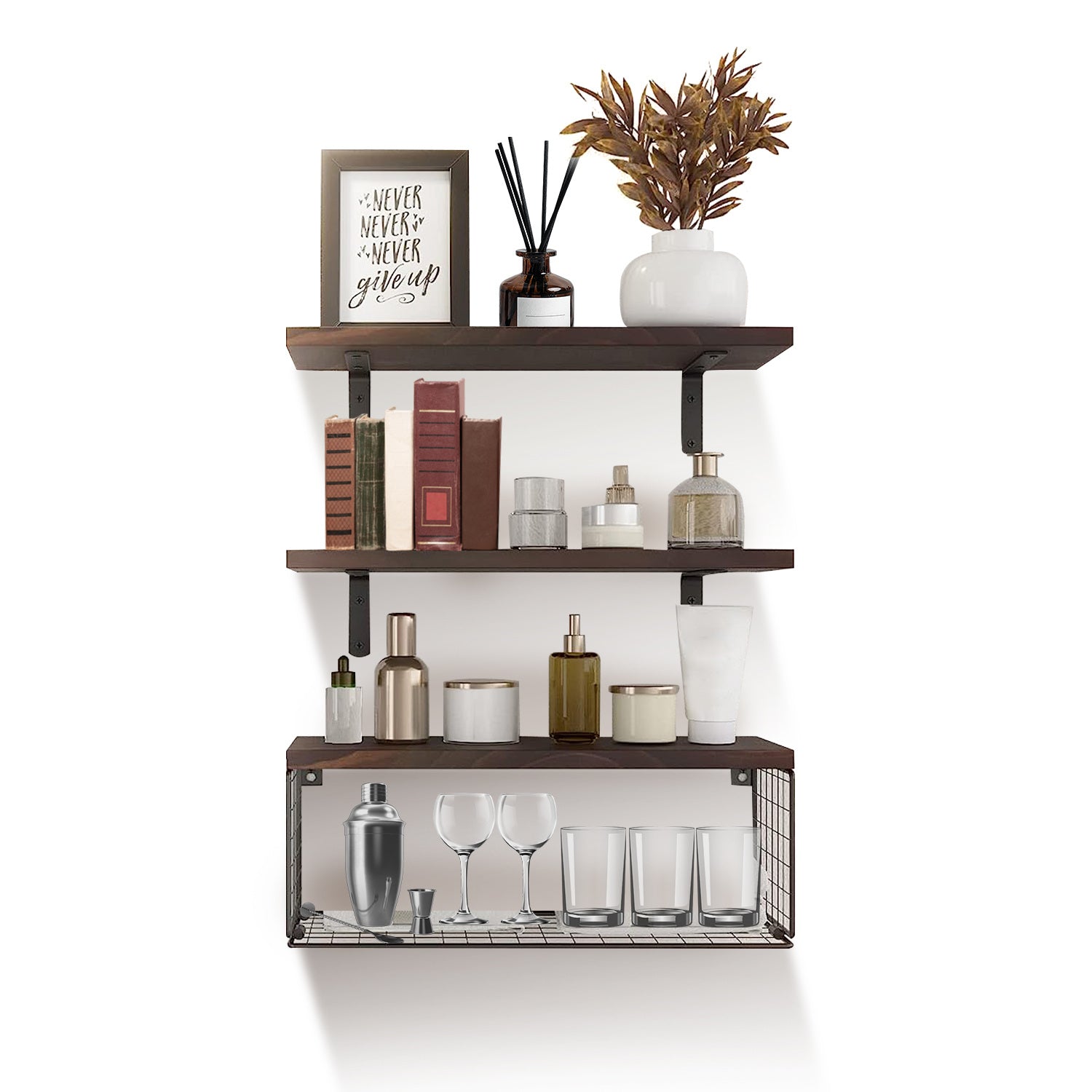 Wall Mounted Floating Shelves with Storage Basket