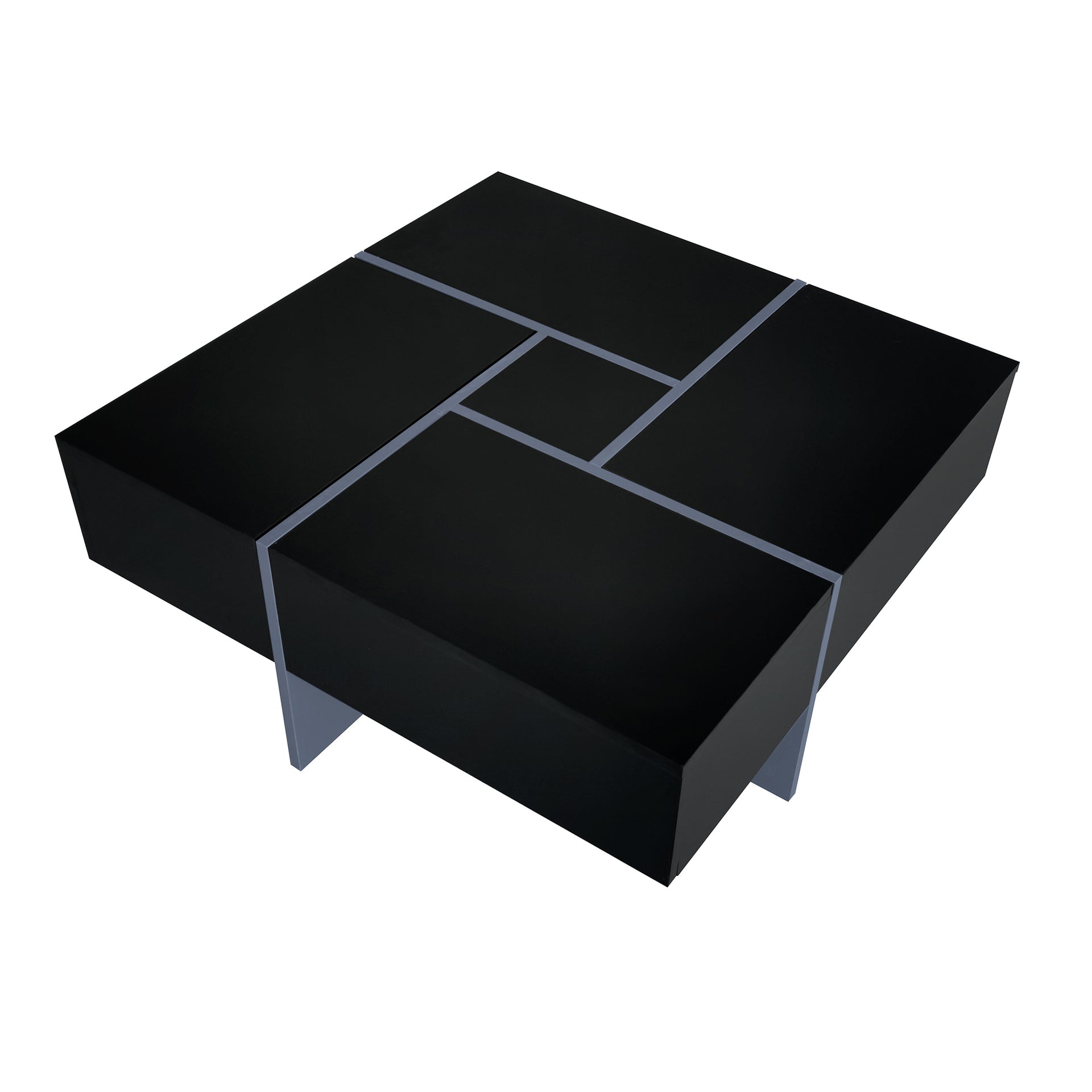 Black High Gloss Square Coffee Table with 4 Hidden Storage Compartments