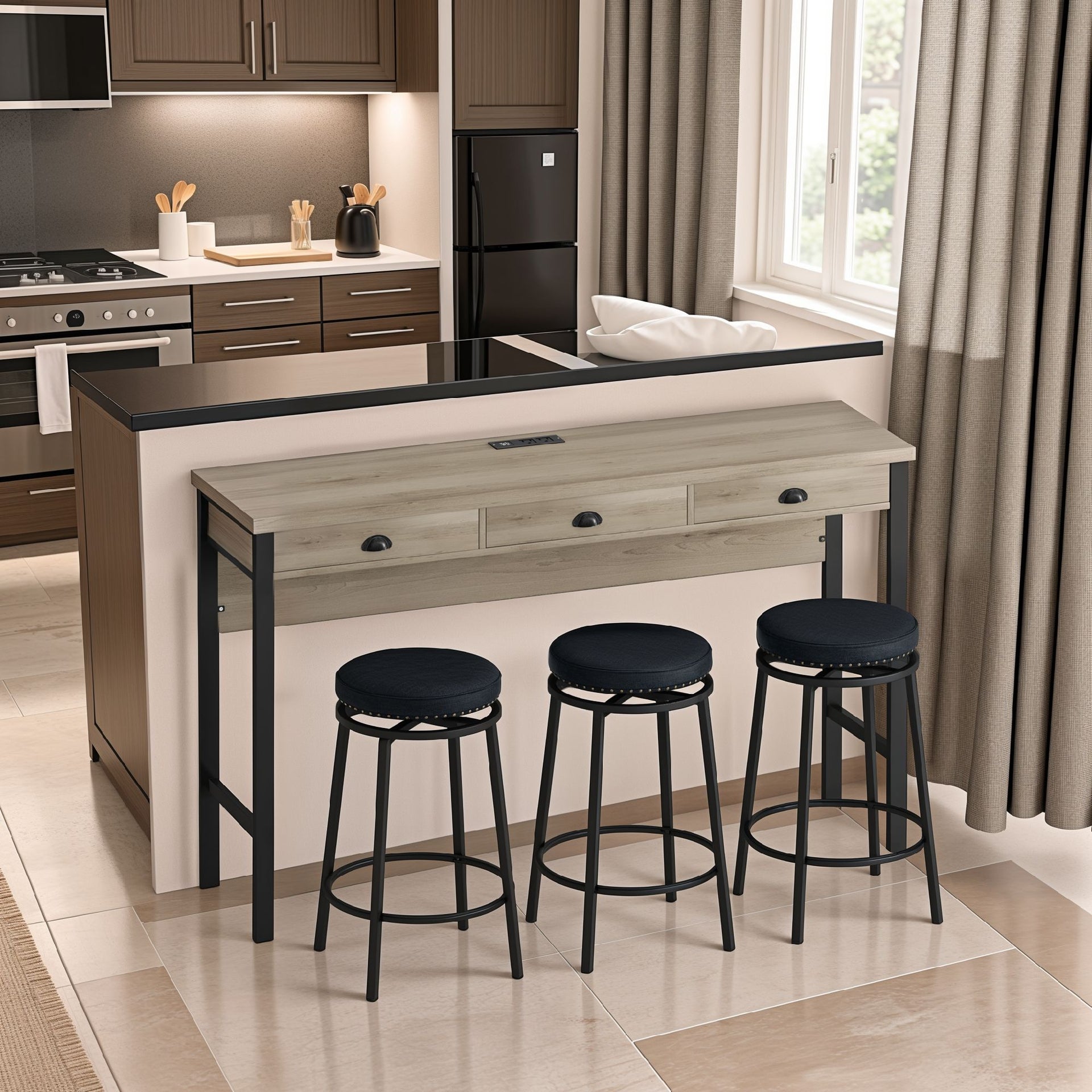 3-Drawer Long Dining Bar Table Set with Power Outlets