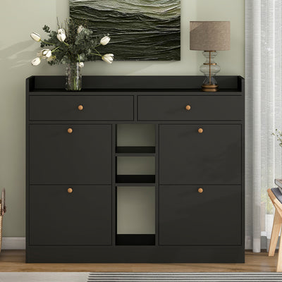 Modern Shoe Cabinet with 4 Flip Drawers, Black.