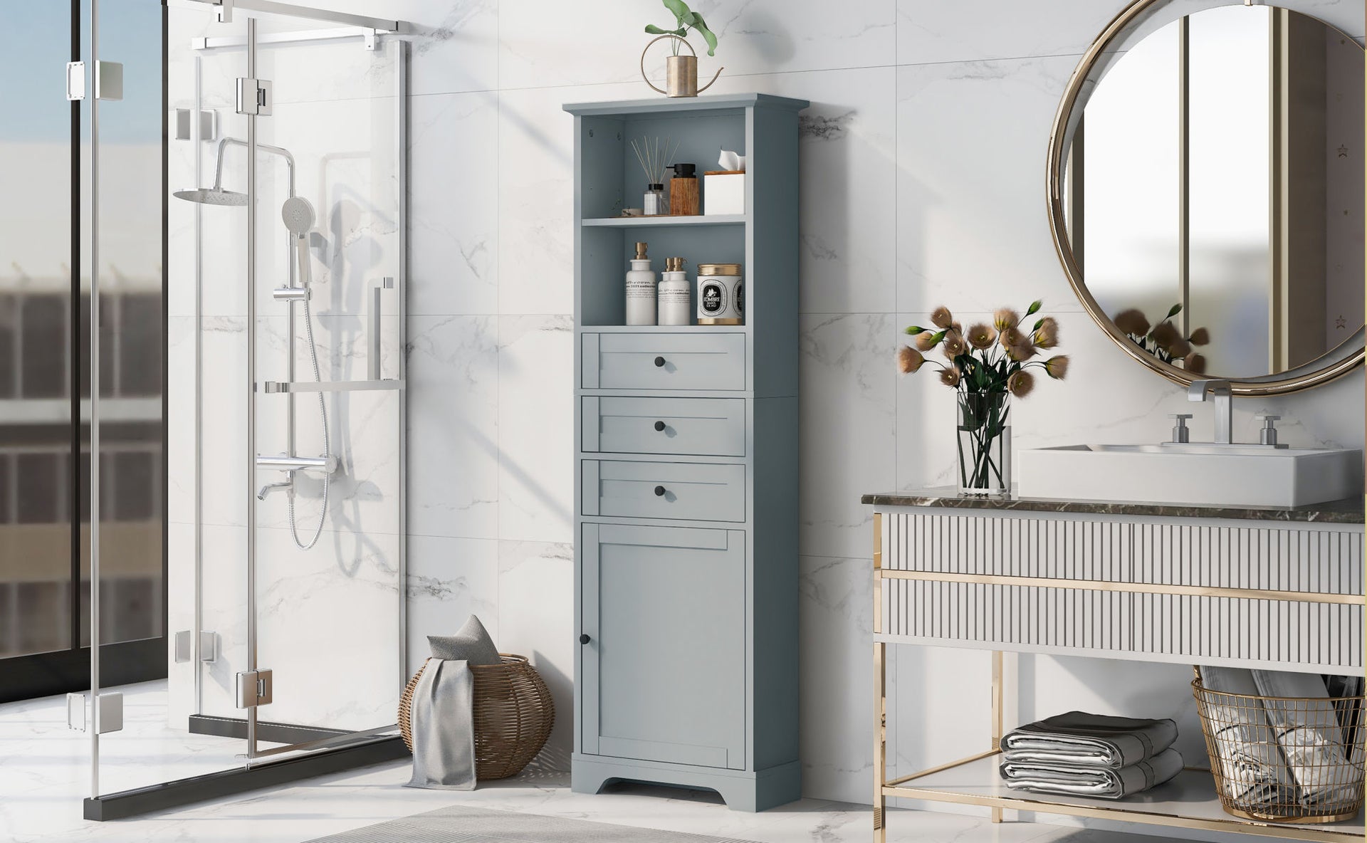 Tall Storage Cabinet with 3 Drawers and Adjustable Shelves