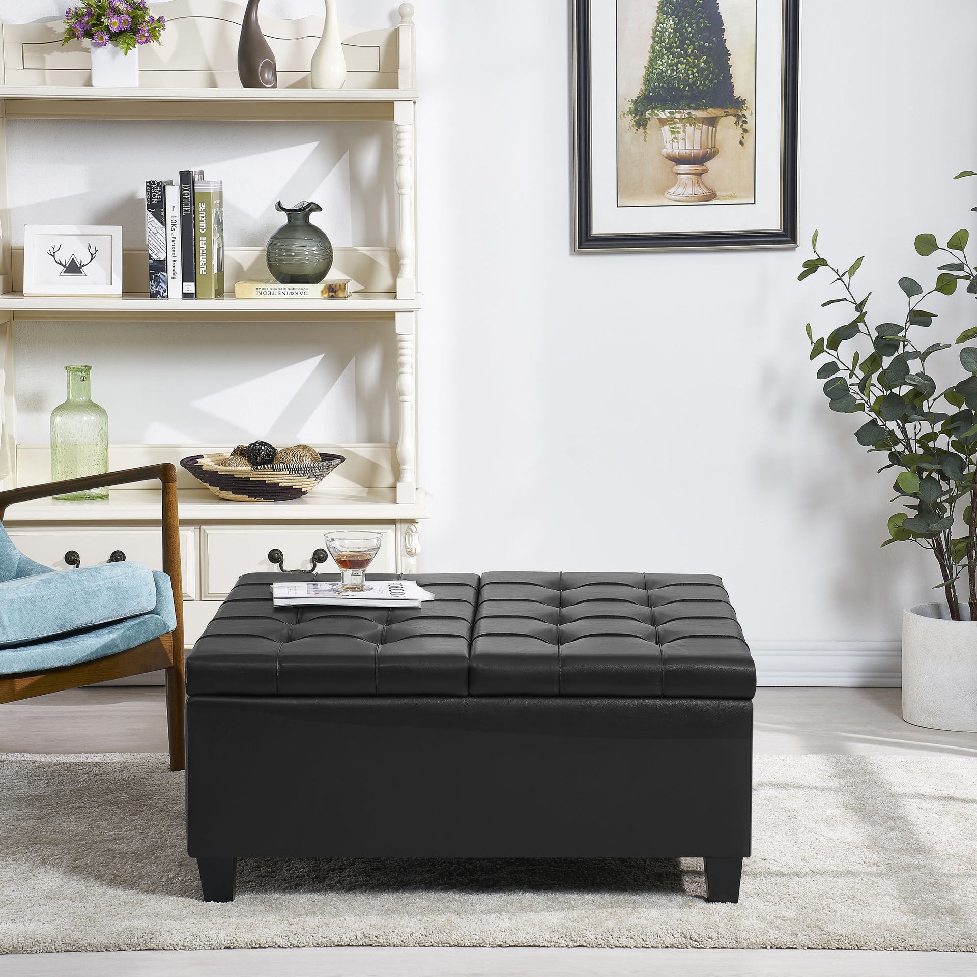 Large Faux Leather Storage Ottoman, Black