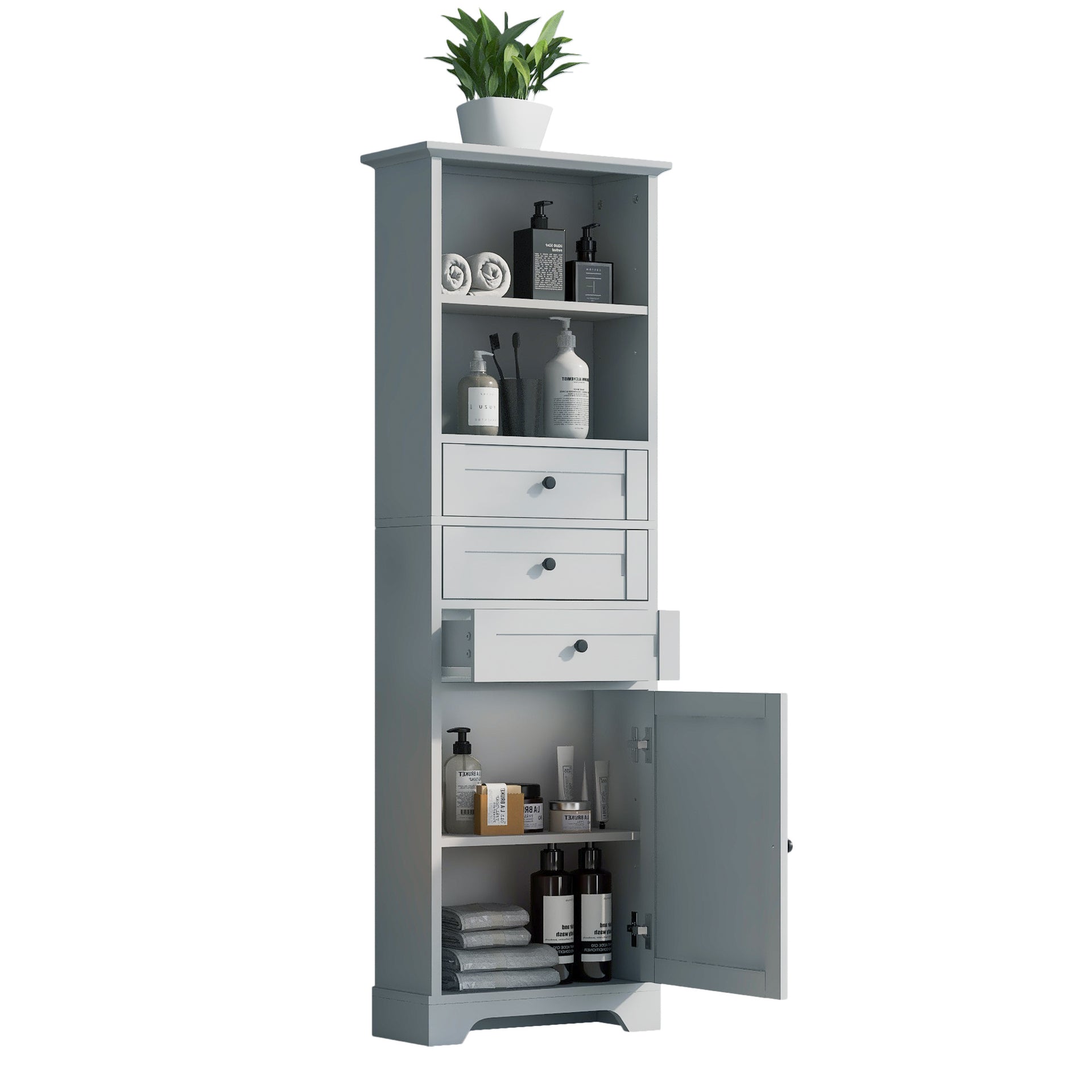 Tall Storage Cabinet with 3 Drawers and Adjustable Shelves