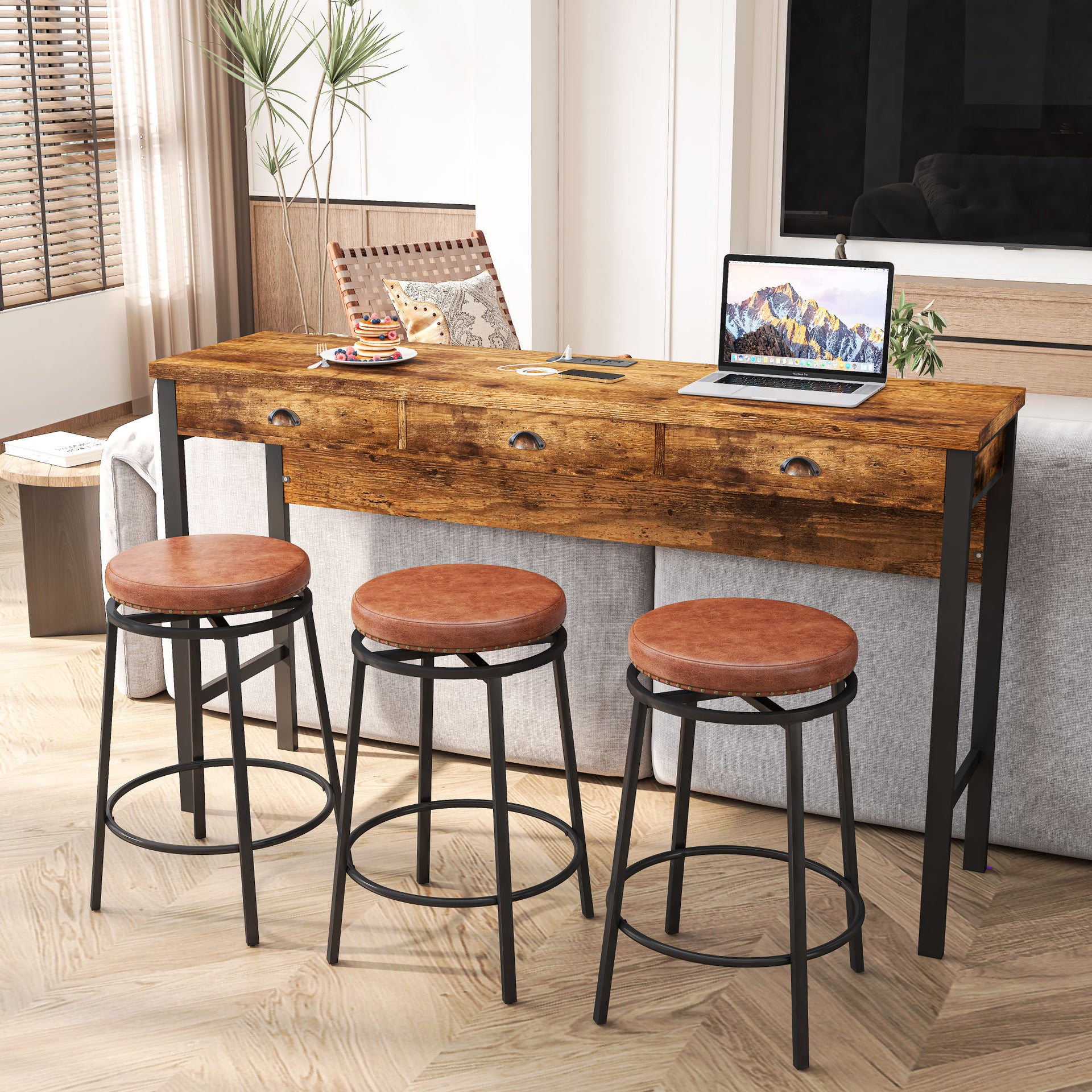 3-Drawer Long Dining Bar Table Set with Power Outlets