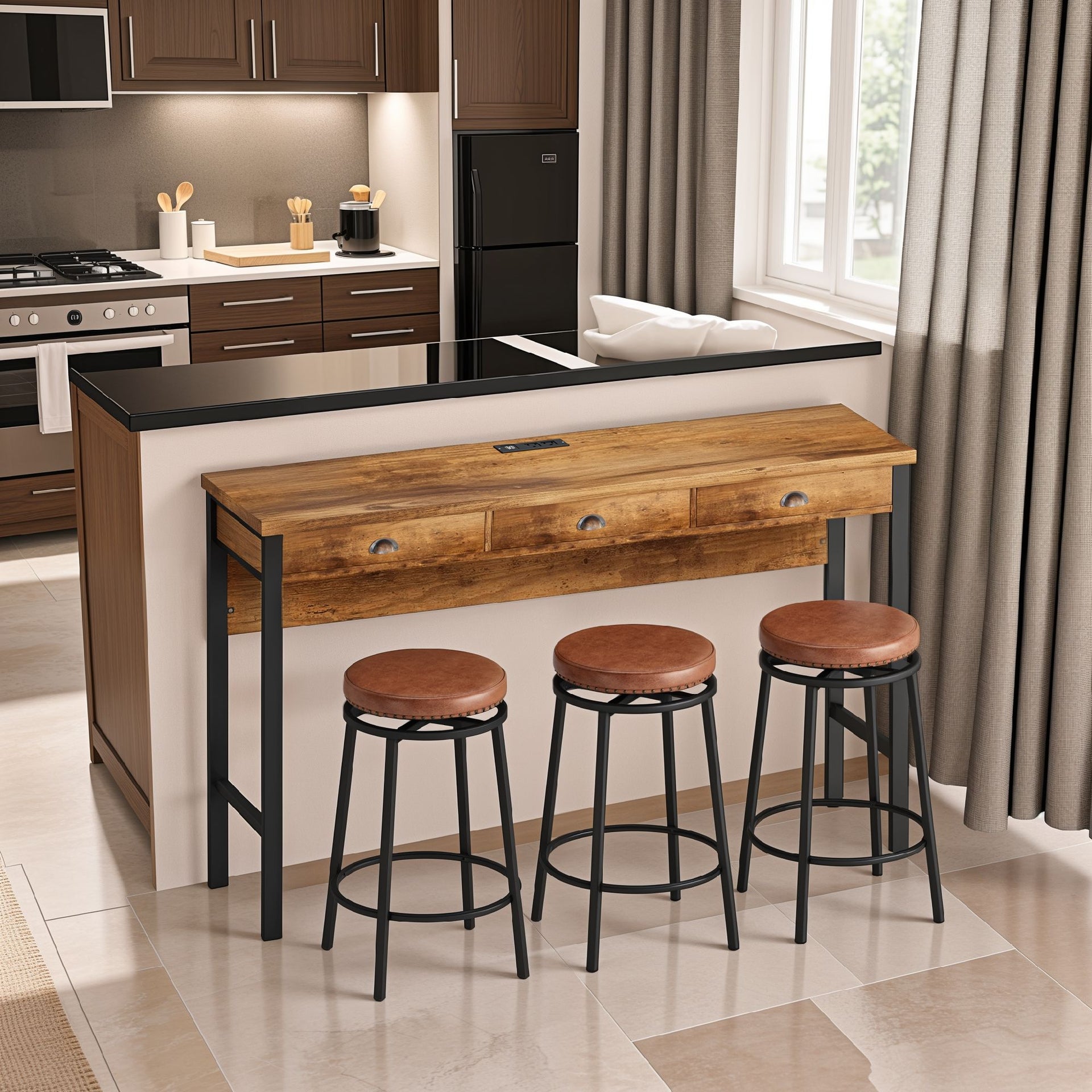 3-Drawer Long Dining Bar Table Set with Power Outlets