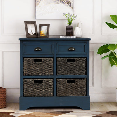 Rustic Storage Cabinet with Two Drawers and Four Rattan Baskets, Blue