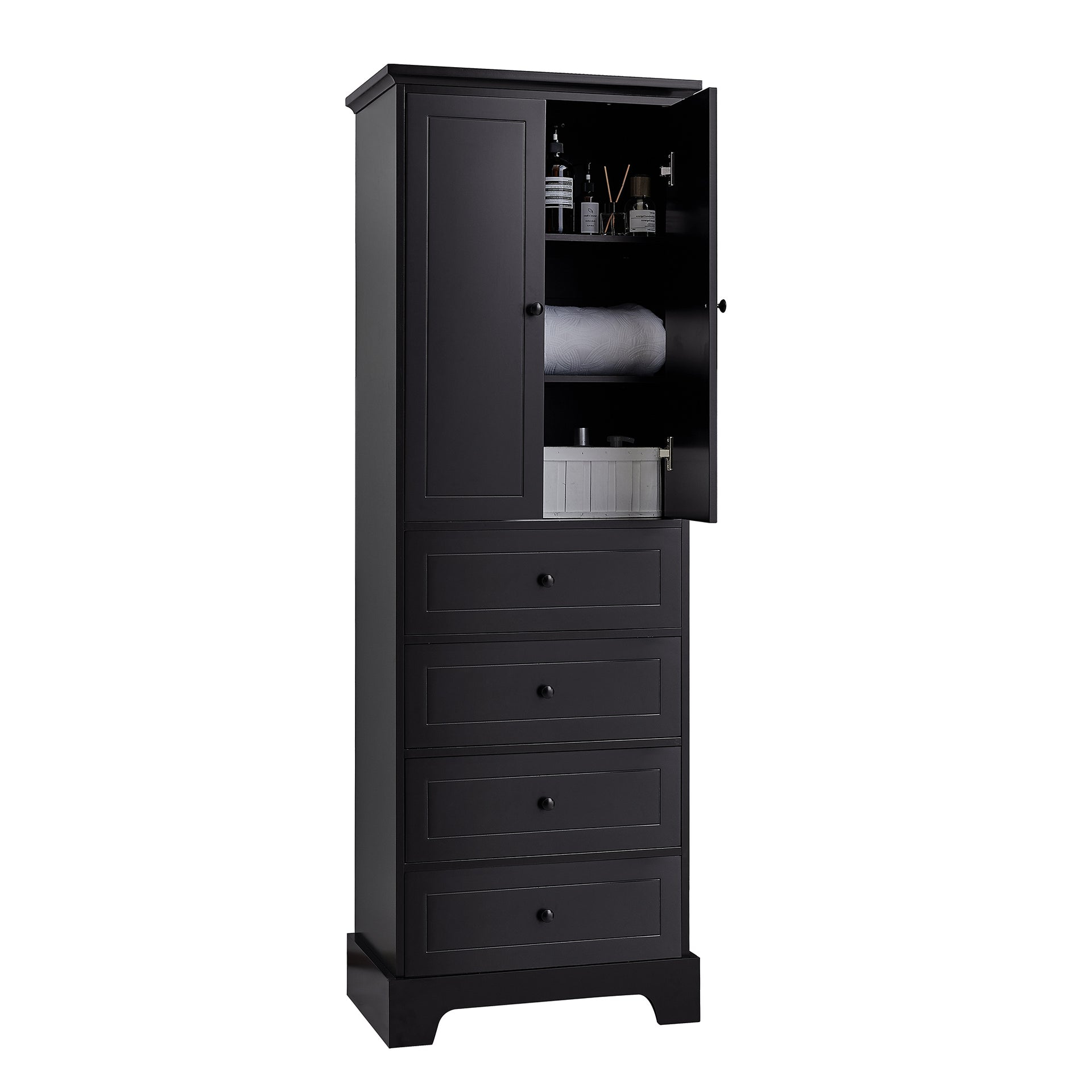 Storage Cabinet with 2 Doors and 4 Drawers, Black