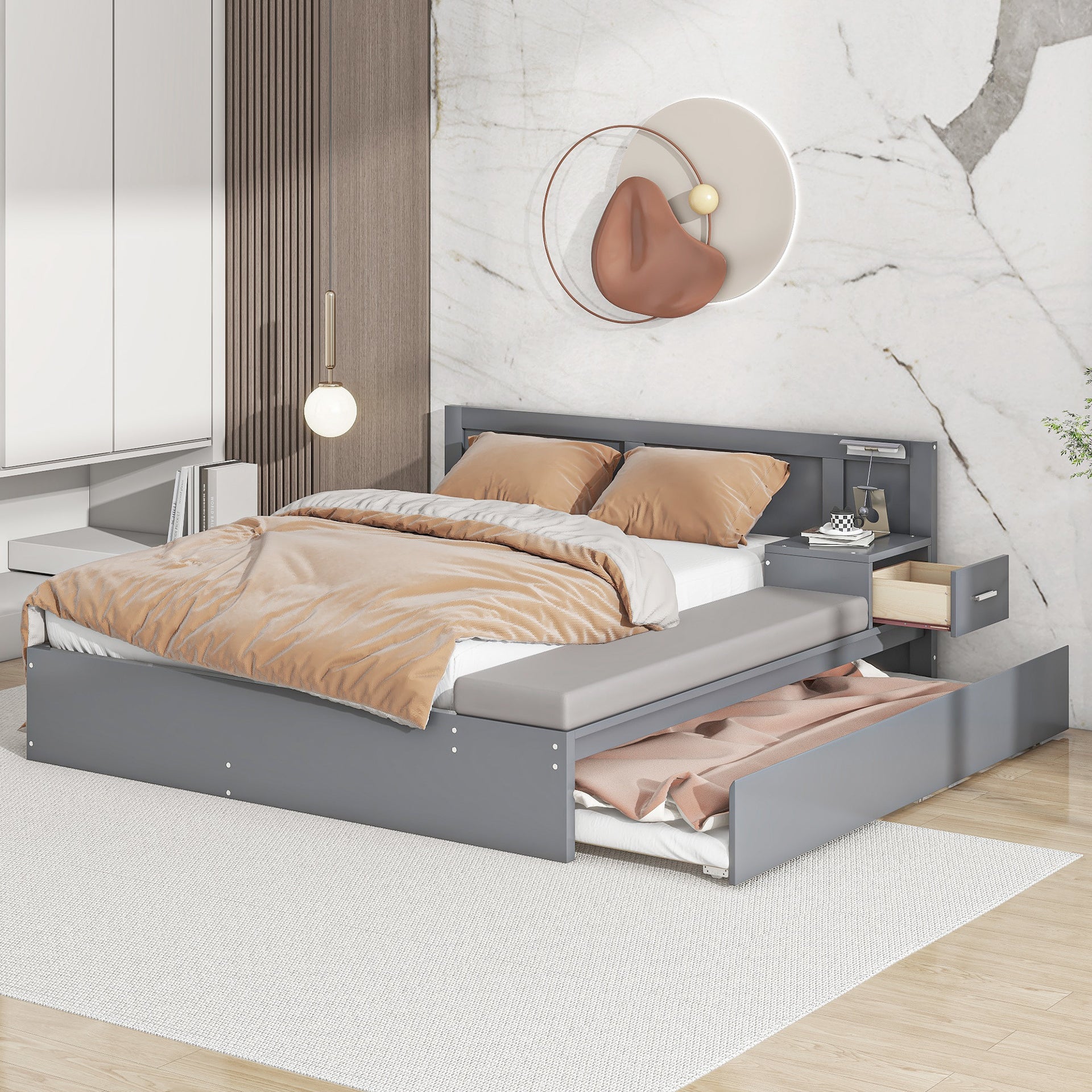 Full Size Hydraulic Platform Bed with Twin Size Trundle, Under-Bed Storage, Side Table and Bench