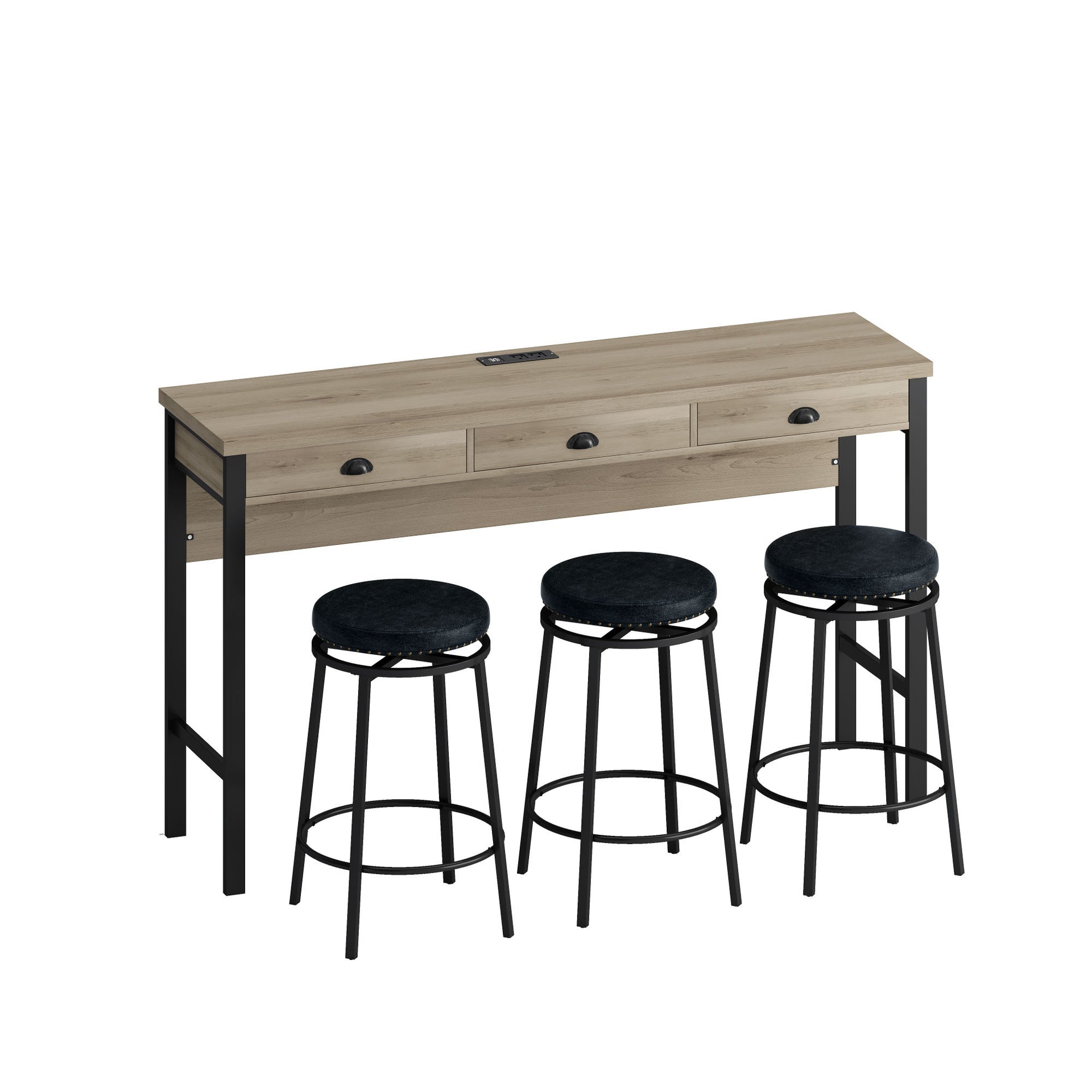 3-Drawer Long Dining Bar Table Set with Power Outlets