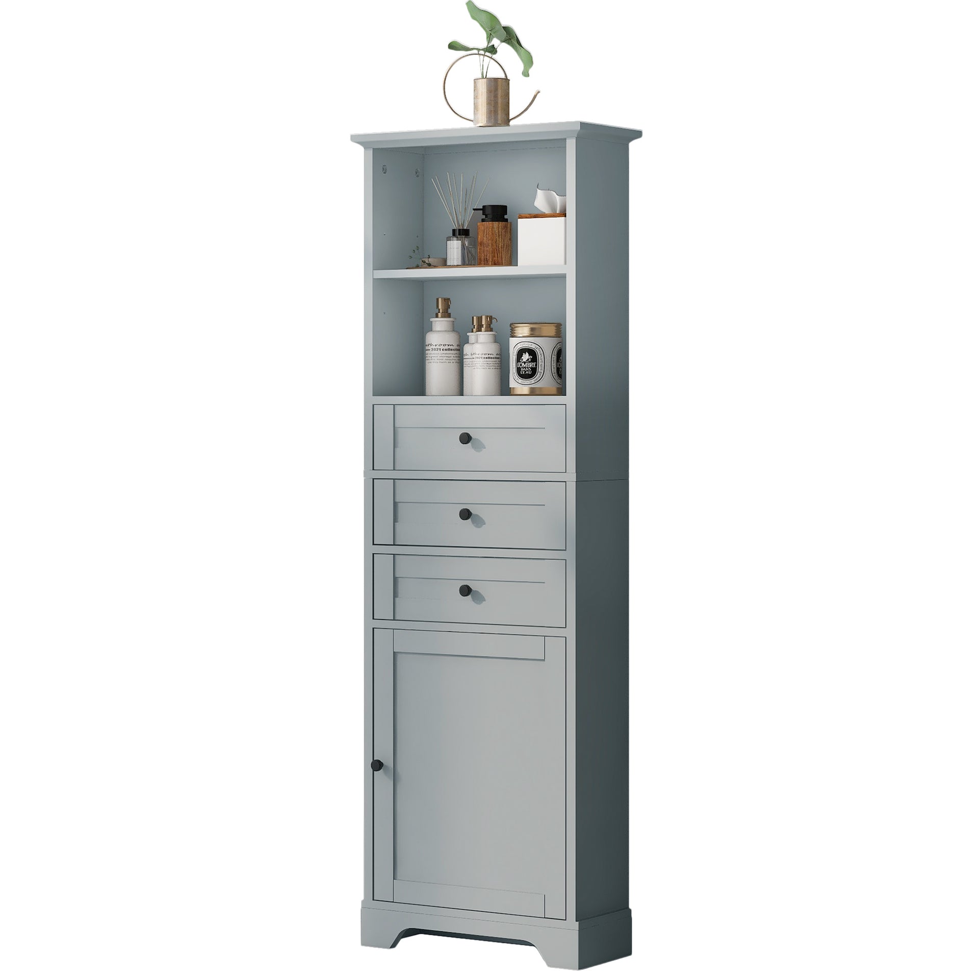 Tall Storage Cabinet with 3 Drawers and Adjustable Shelves