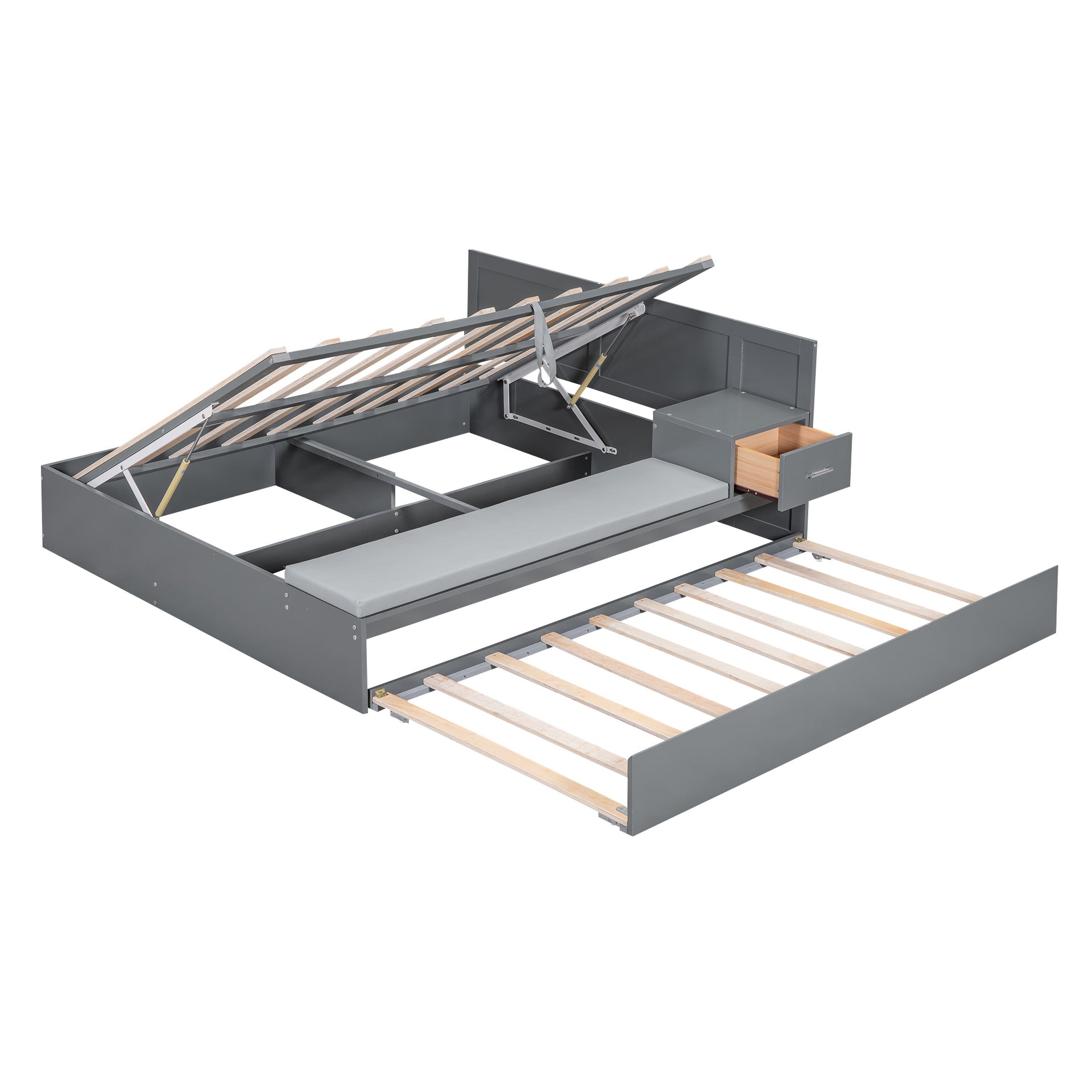 Full Size Hydraulic Platform Bed with Twin Size Trundle, Under-Bed Storage, Side Table and Bench