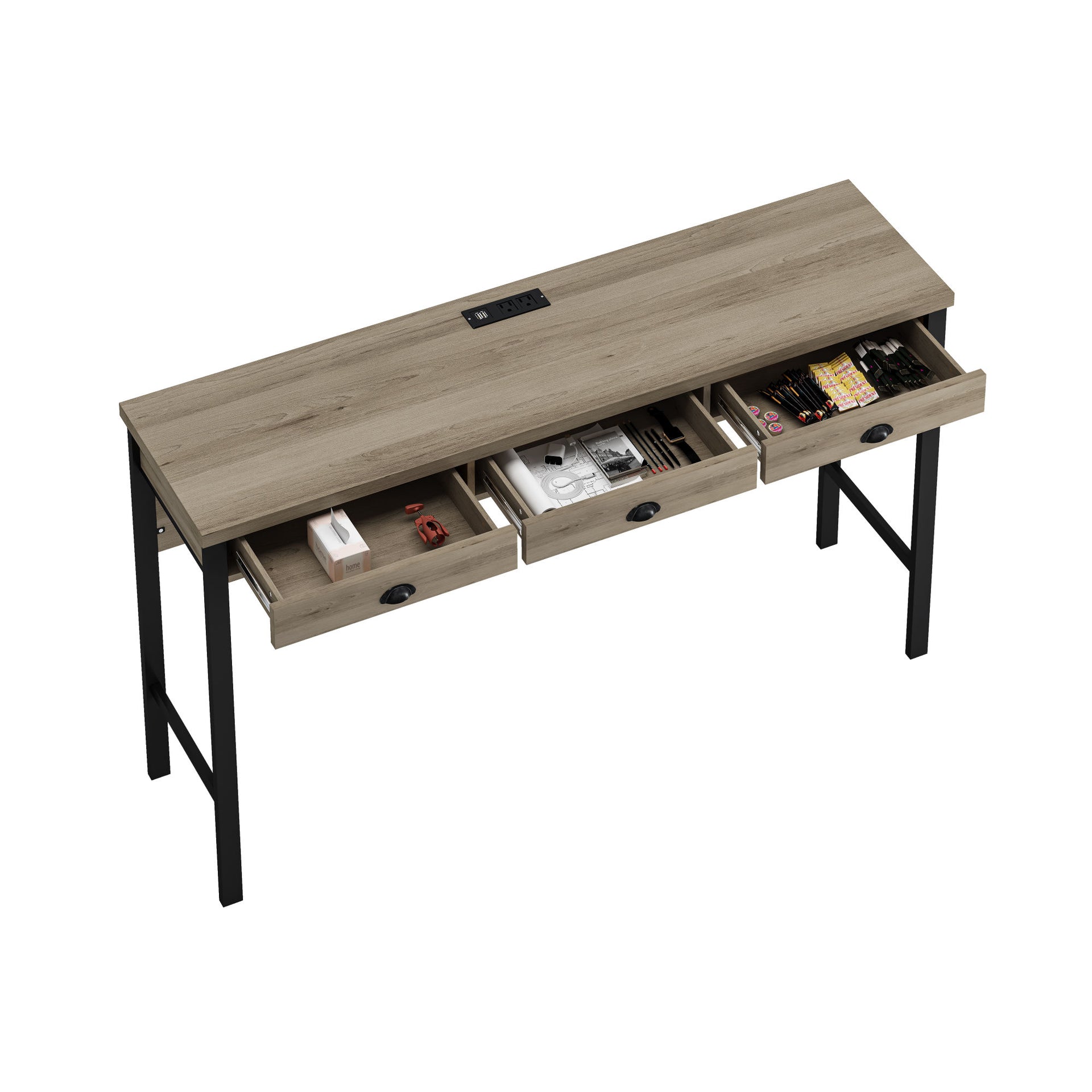 3-Drawer Long Dining Bar Table Set with Power Outlets